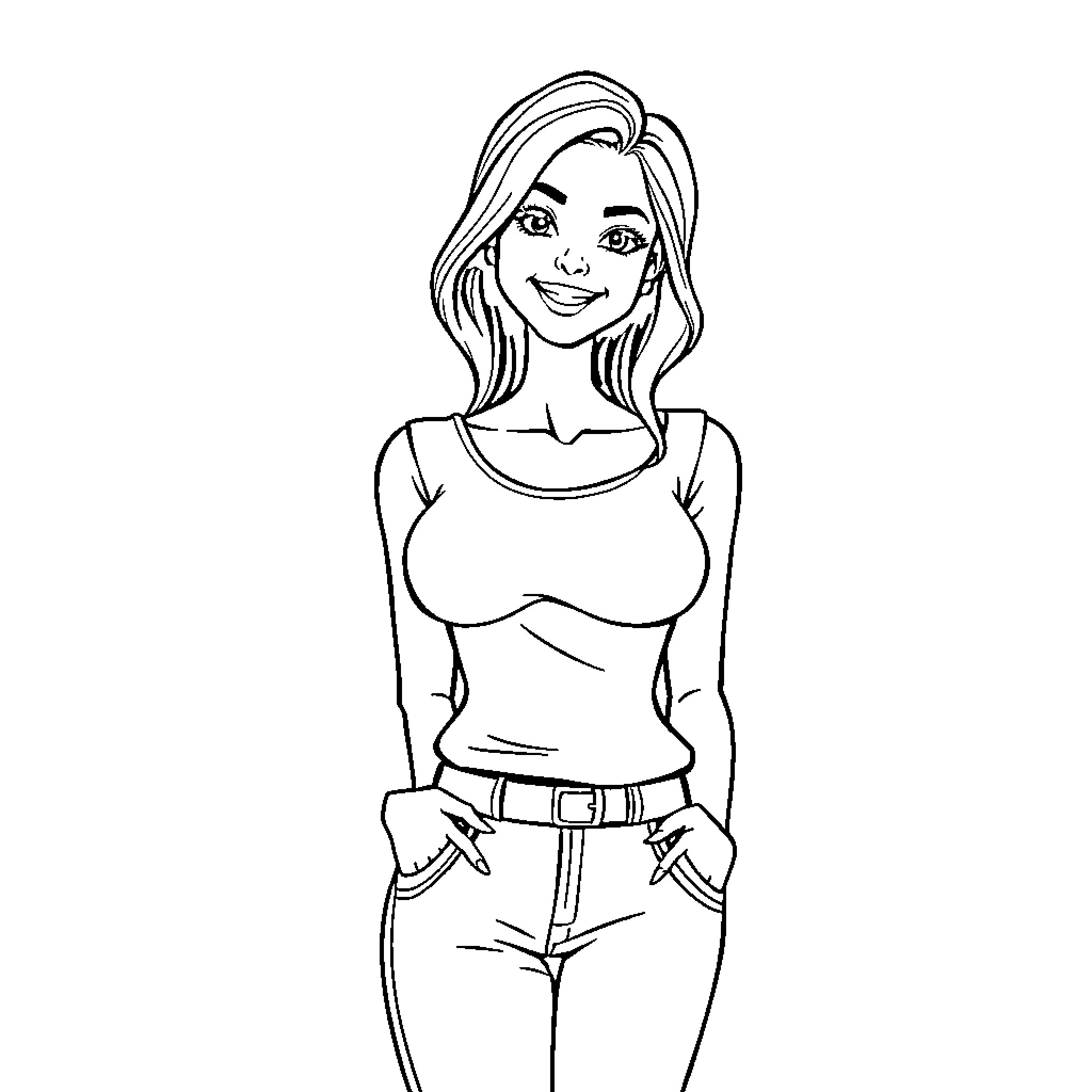 Female with confident expression and casual outfit Coloring Page (free black-and-white line drawing printable PDF for all, from beginners to advanced learners, including children, teens, adults, and seniors)