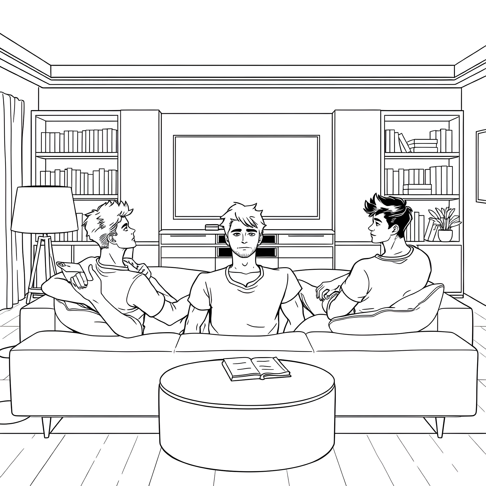 Teenager Relaxing with Friends in Living Room Coloring Page (free black-and-white line drawing printable PDF for all, from beginners to advanced learners, including children, teens, adults, and seniors)