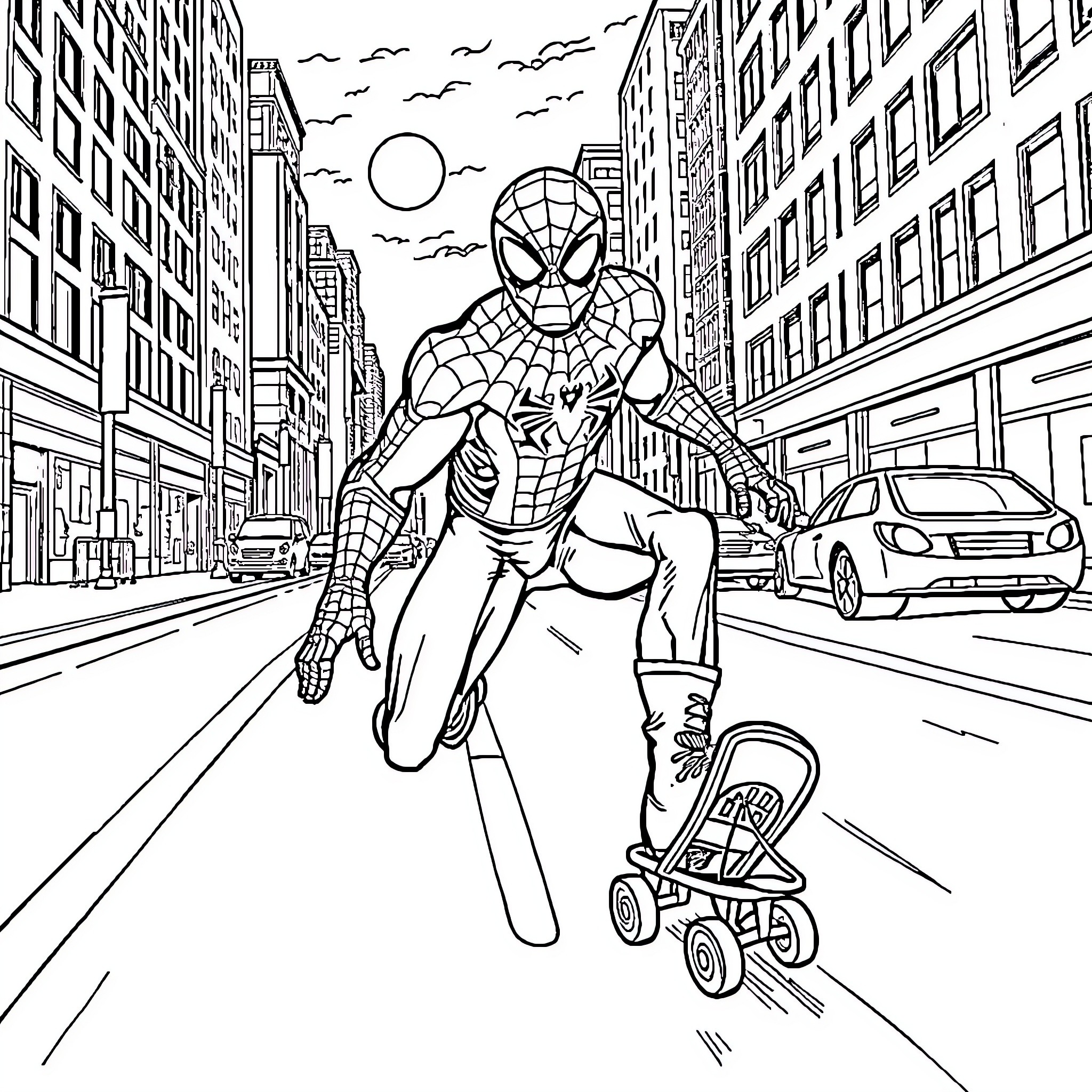 Spiderman swinging through the city with baby stroller Coloring Page (free black-and-white line drawing printable PDF for all, from beginners to advanced learners, including children, teens, adults, and seniors)