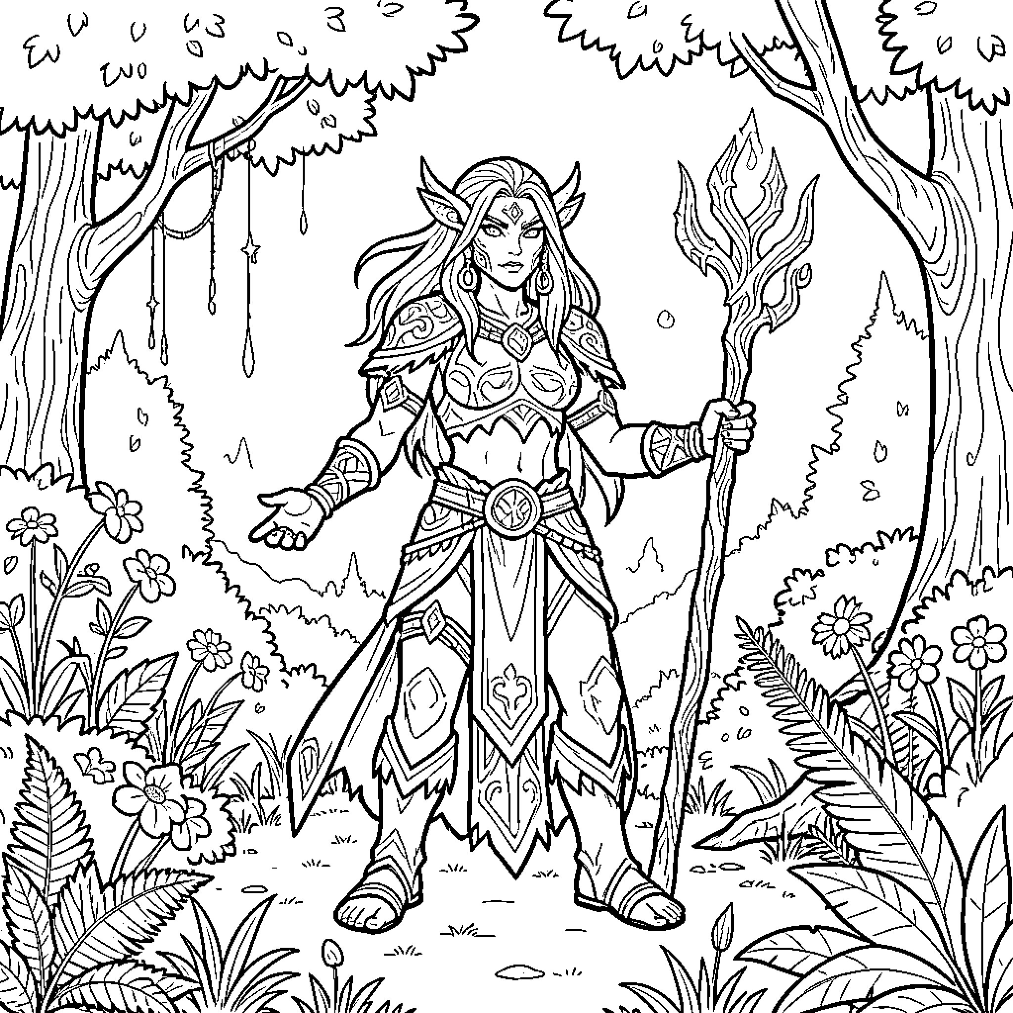 Druid wielding staff in enchanted forest Coloring Page (free black-and-white line drawing printable PDF for all, from beginners to advanced learners, including children, teens, adults, and seniors)