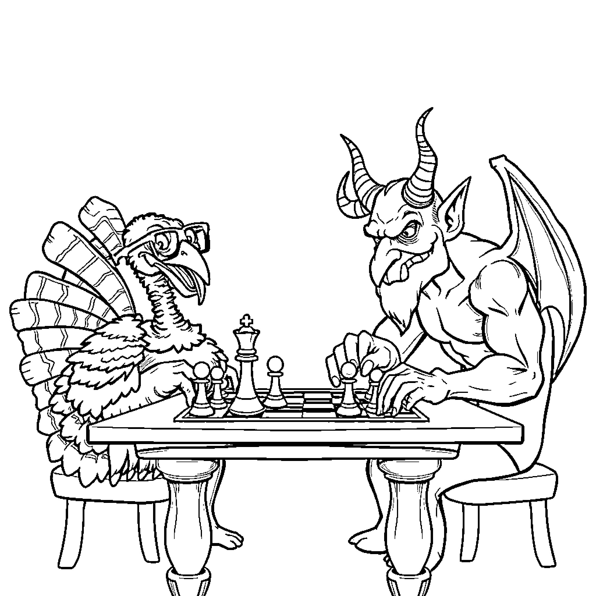 Turkey playing a game of chess with a fearsome dragon Coloring Page (free black-and-white line drawing printable PDF for all, from beginners to advanced learners, including children, teens, adults, and seniors)