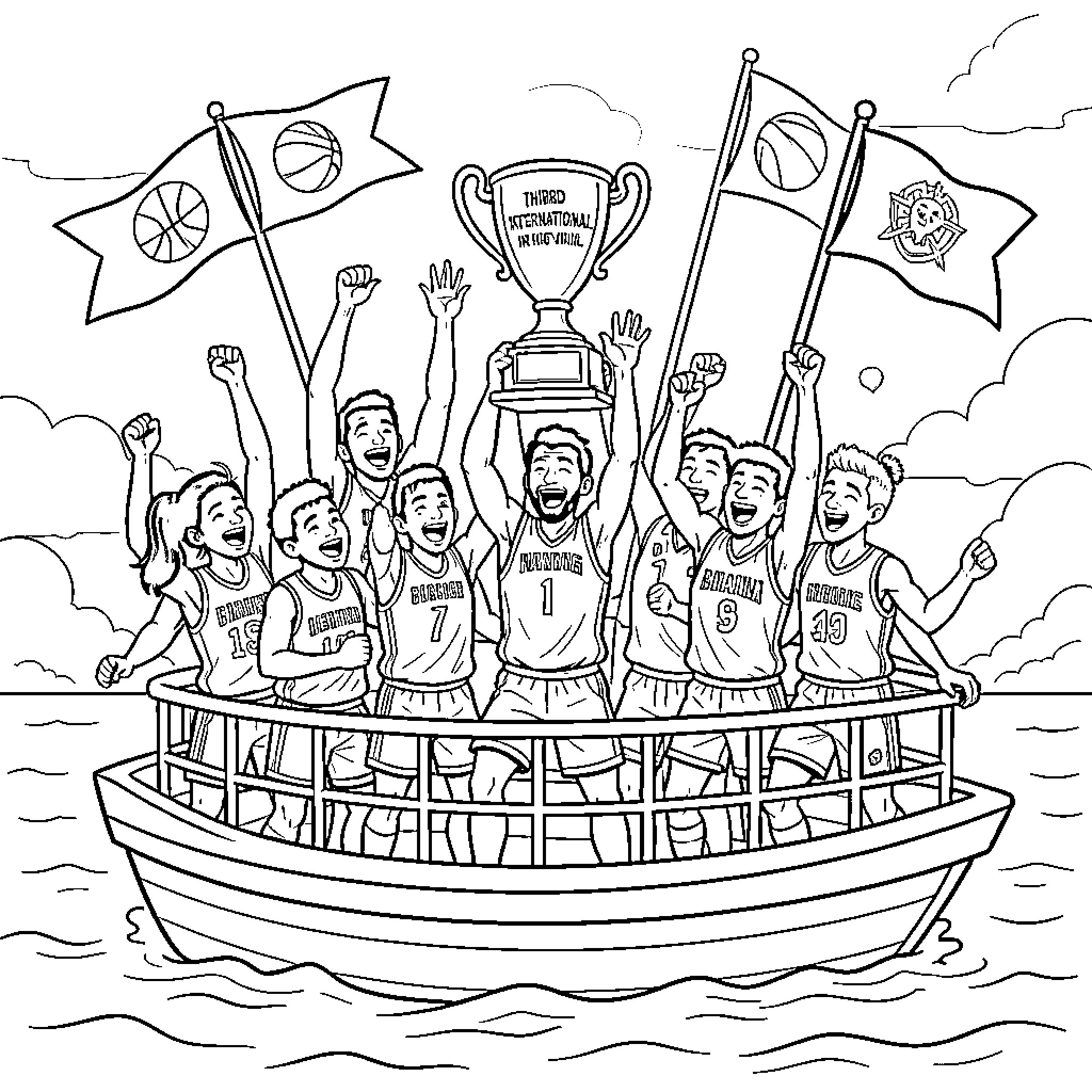 Basketball team celebrating championship victory Coloring Page (free black-and-white line drawing printable PDF for all, from beginners to advanced learners, including children, teens, adults, and seniors)