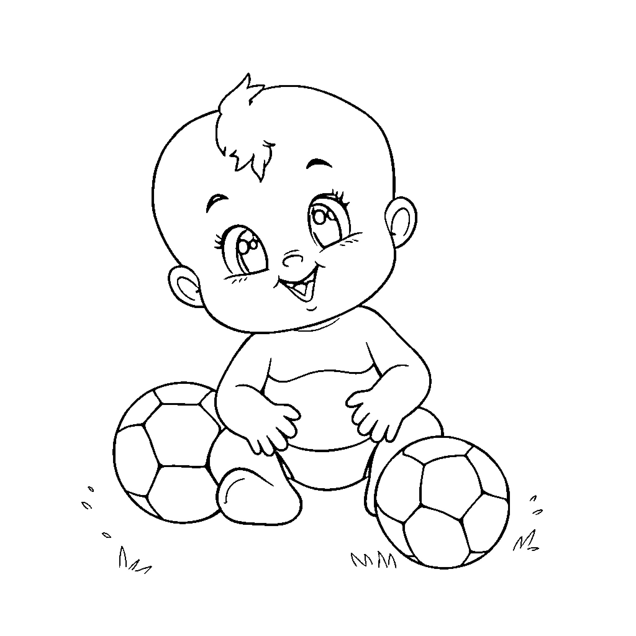 Baby playing with soccer balls happily Coloring Page (free black-and-white line drawing printable PDF for all, from beginners to advanced learners, including children, teens, adults, and seniors)