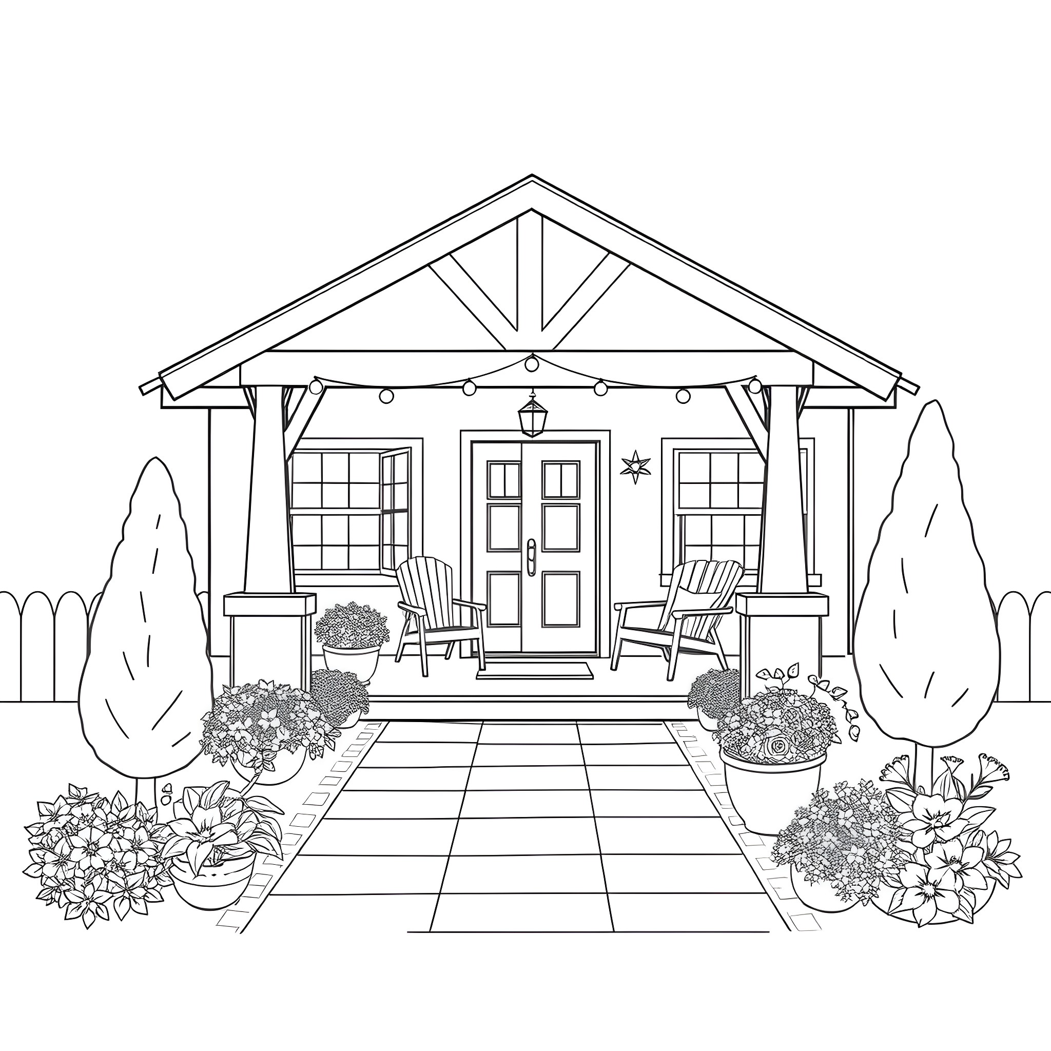 Bungalow with cozy porch and garden Coloring Page (free black-and-white line drawing printable PDF for all, from beginners to advanced learners, including children, teens, adults, and seniors)