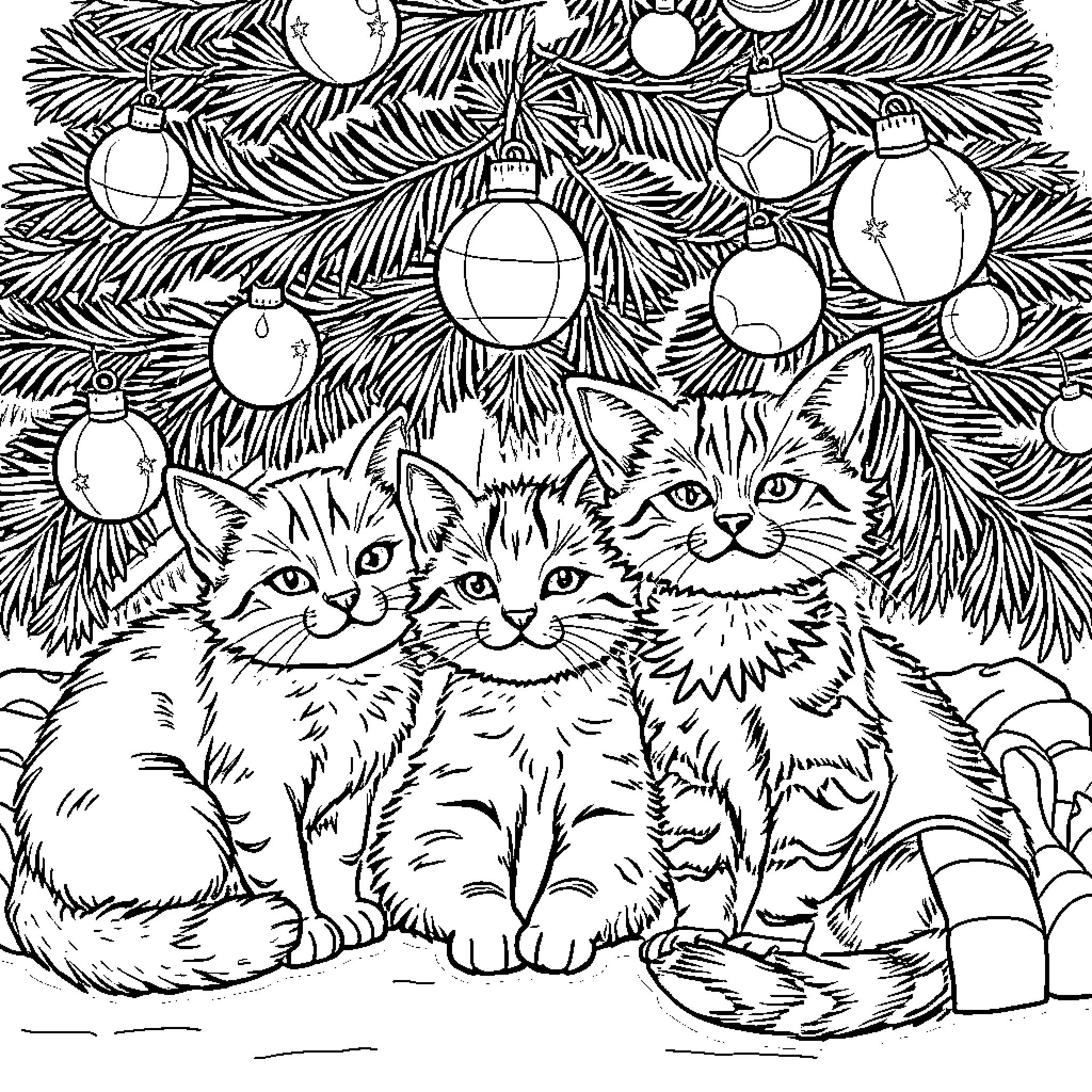 Cat Christmas Kitties Snuggled Under Tree Coloring Page (free black-and-white line drawing printable PDF for all, from beginners to advanced learners, including children, teens, adults, and seniors)