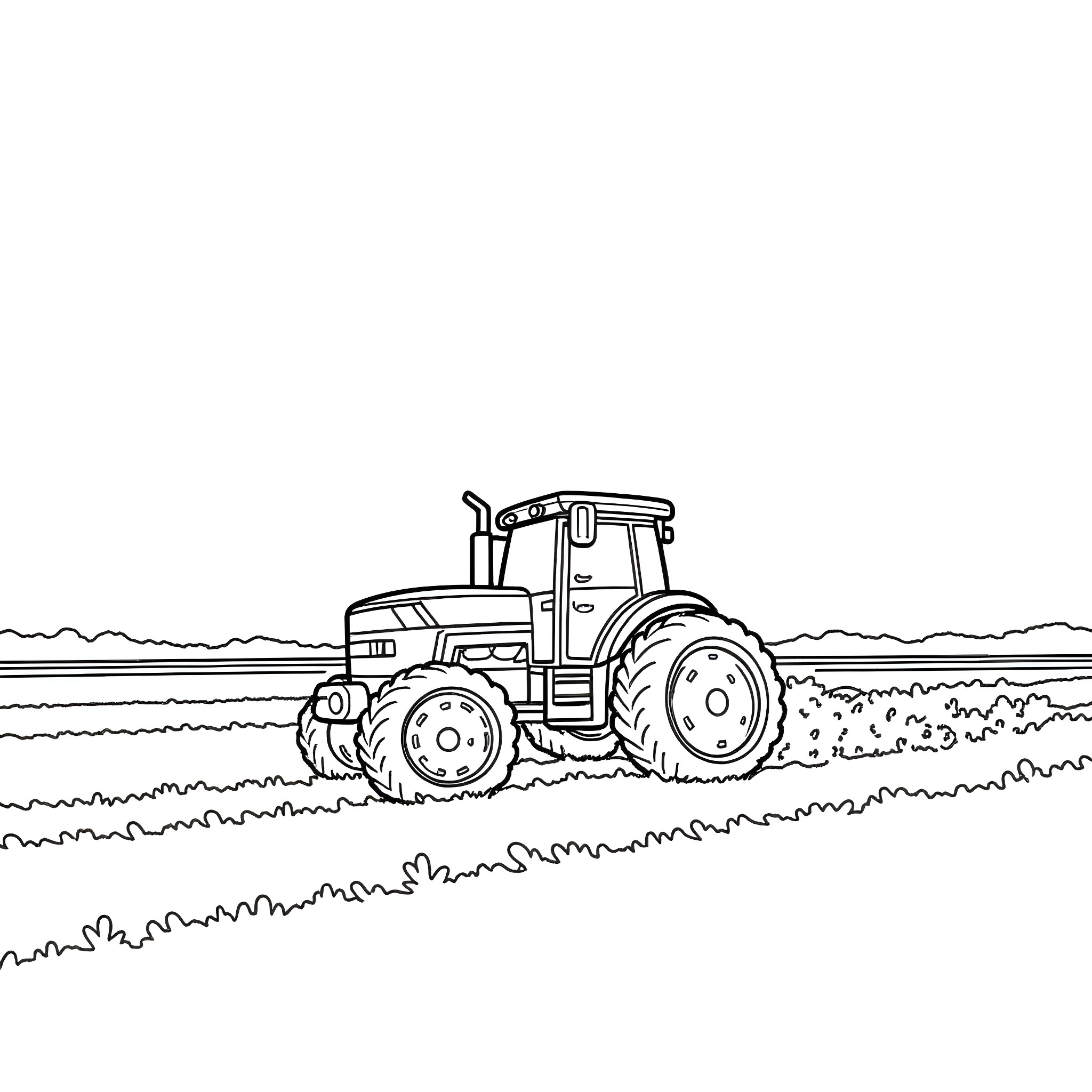Tractor plowing the fields Coloring Page (free black-and-white line drawing printable PDF for all, from beginners to advanced learners, including children, teens, adults, and seniors)