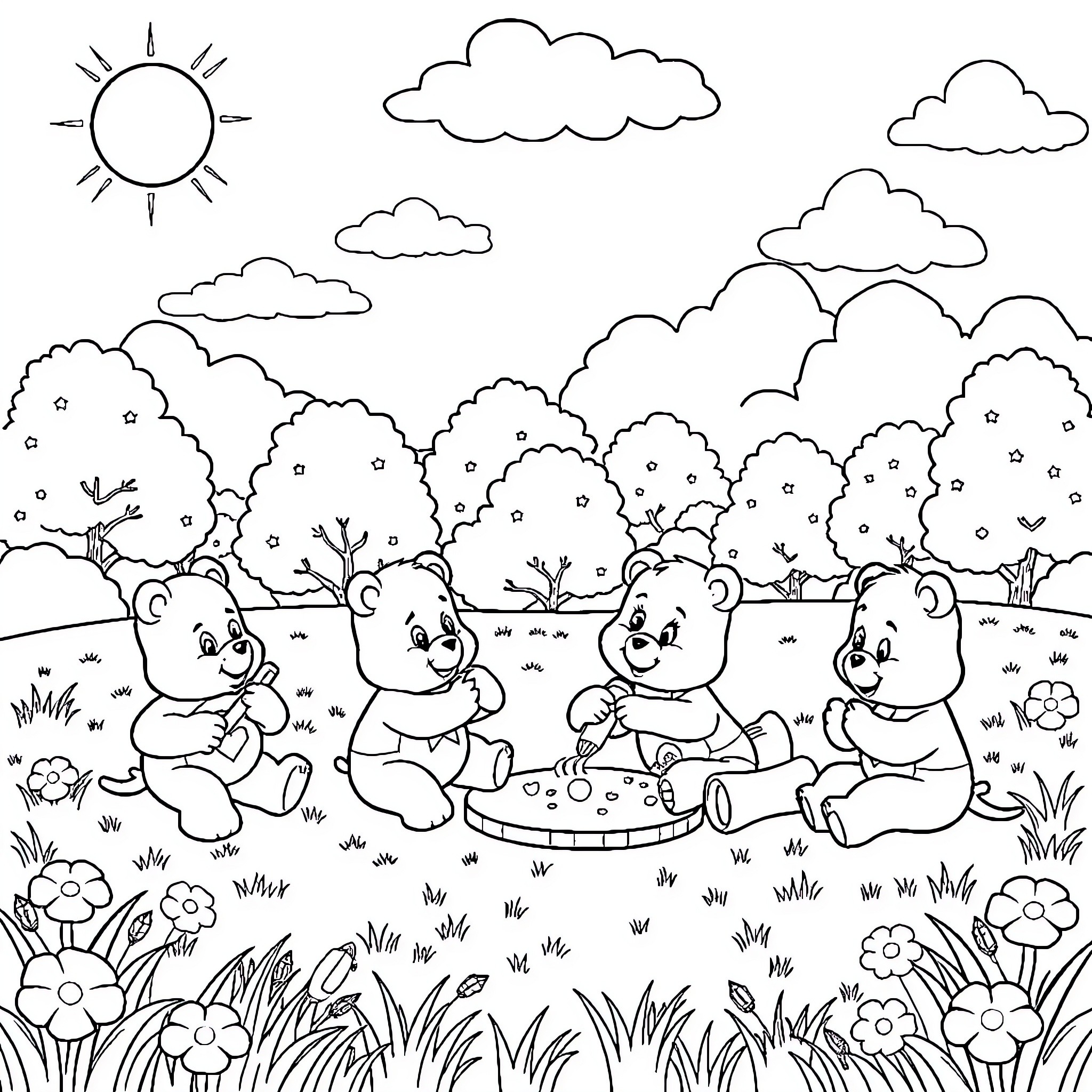 Care Bears picnicking in the park Coloring Page (free black-and-white line drawing printable PDF for all, from beginners to advanced learners, including children, teens, adults, and seniors)