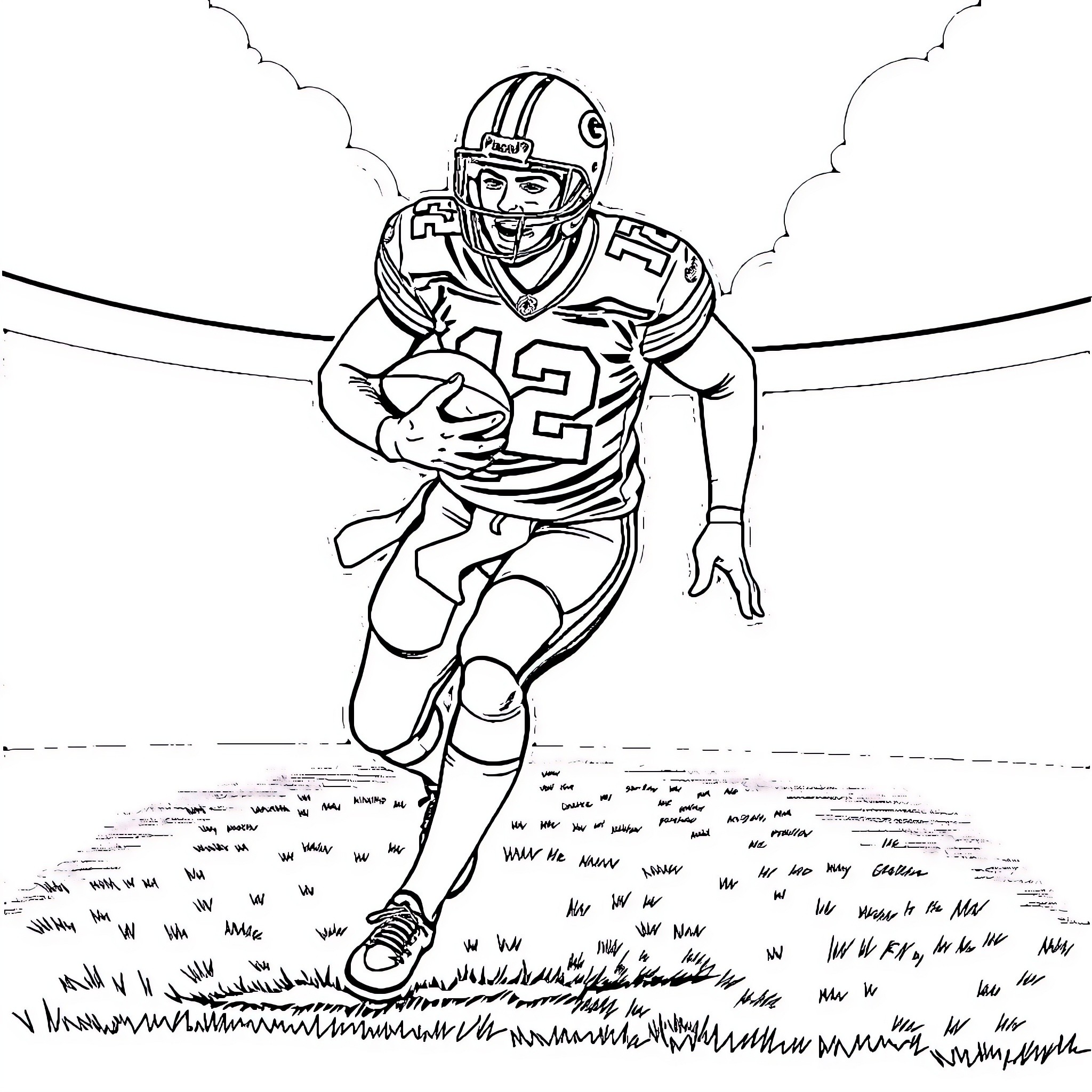 Football Player Running with Ball on Field Coloring Page (free black-and-white line drawing printable PDF for all, from beginners to advanced learners, including children, teens, adults, and seniors)