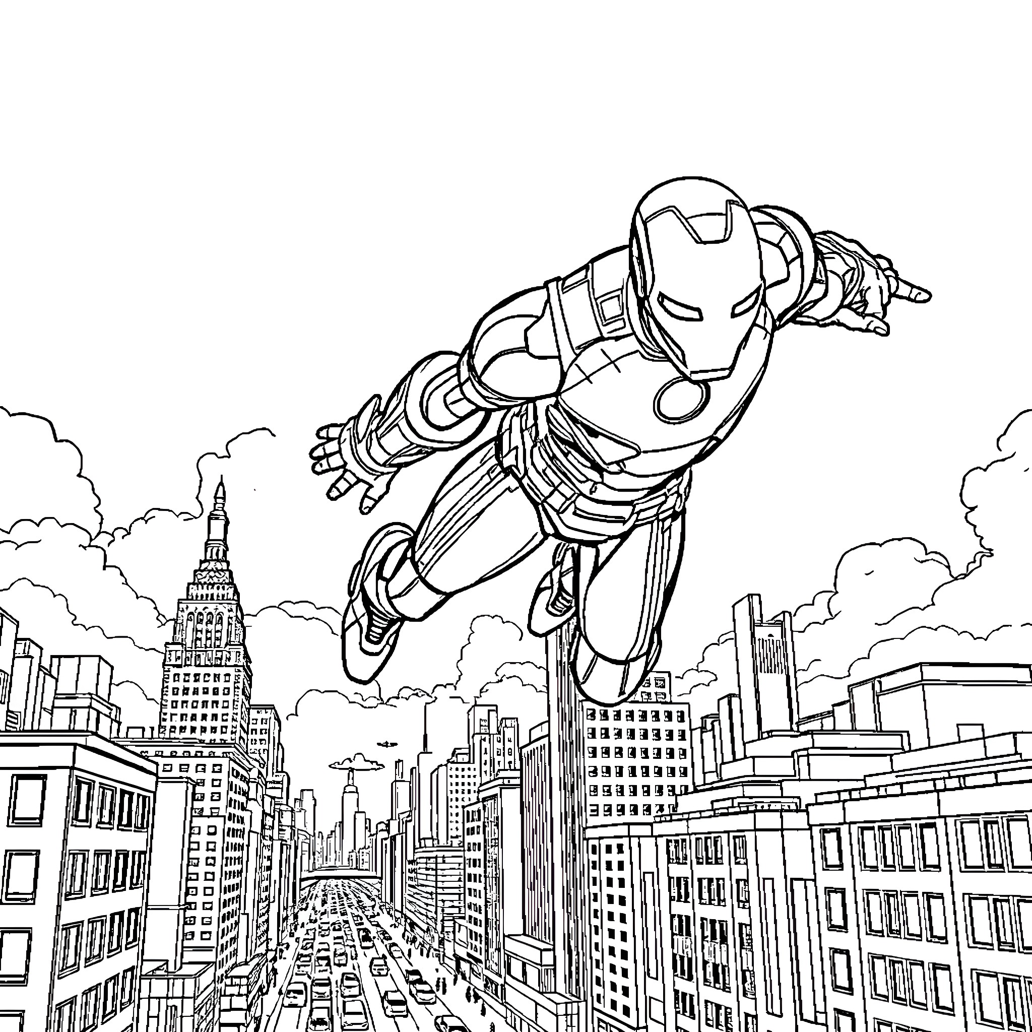Ironman soaring over the city skyline Coloring Page (free black-and-white line drawing printable PDF for all, from beginners to advanced learners, including children, teens, adults, and seniors)