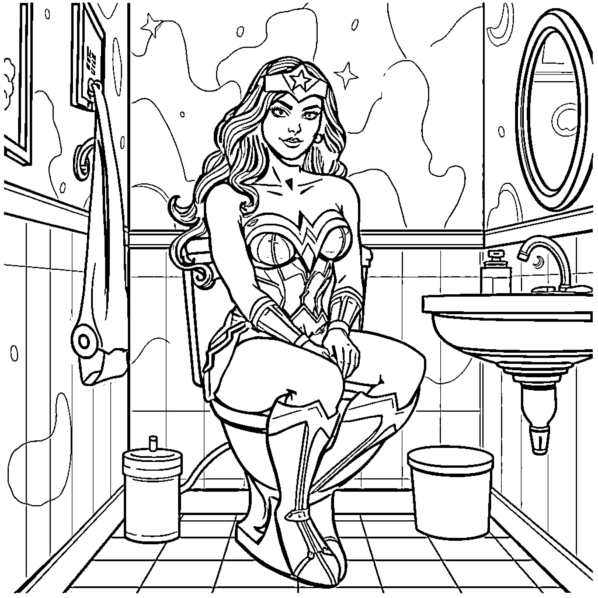 Wonder Woman in Superhero Costume Posing in Bathroom Coloring Page (free black-and-white line drawing printable PDF for all, from beginners to advanced learners, including children, teens, adults, and seniors)