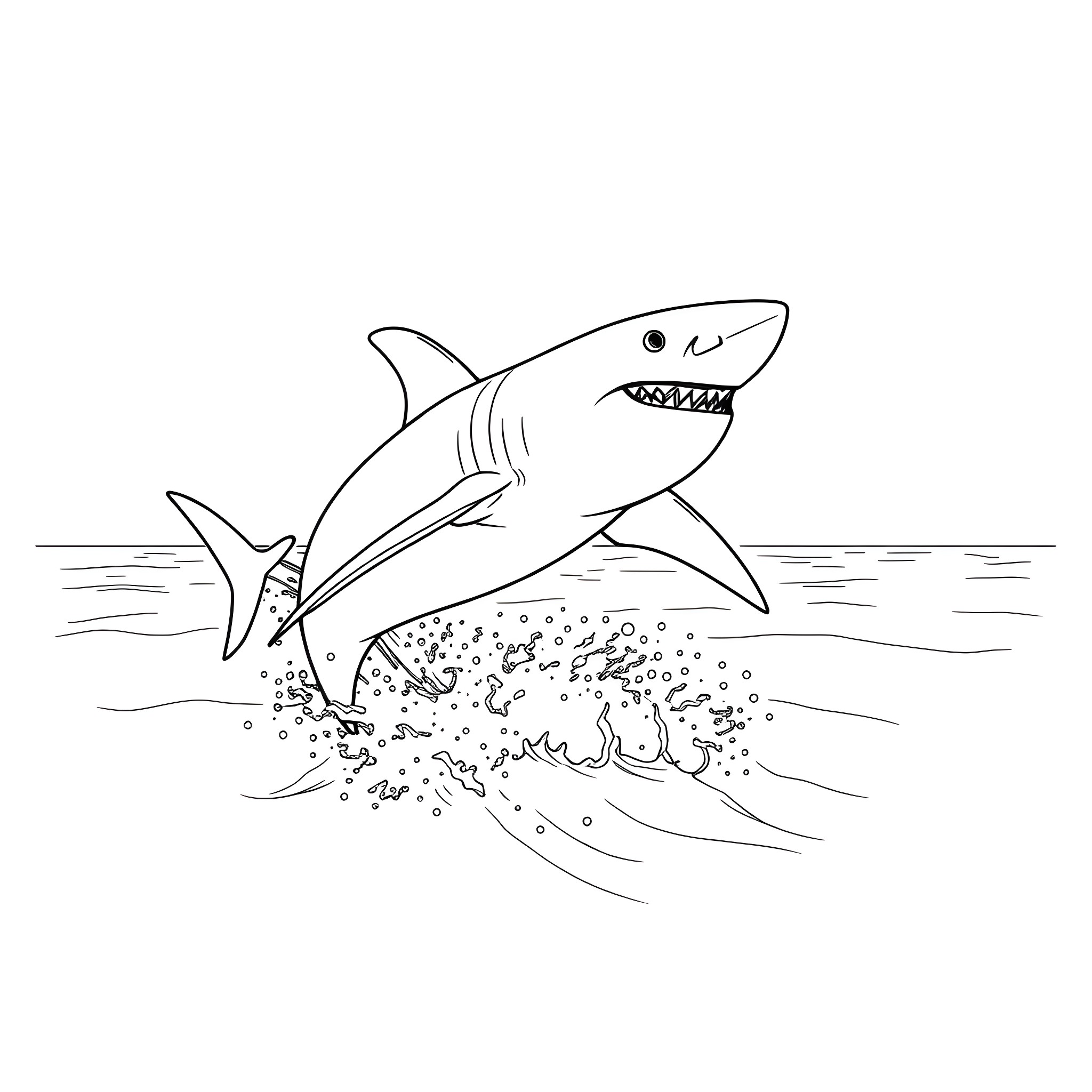 Shark jumping in the ocean Coloring Page (free black-and-white line drawing printable PDF for all, from beginners to advanced learners, including children, teens, adults, and seniors)