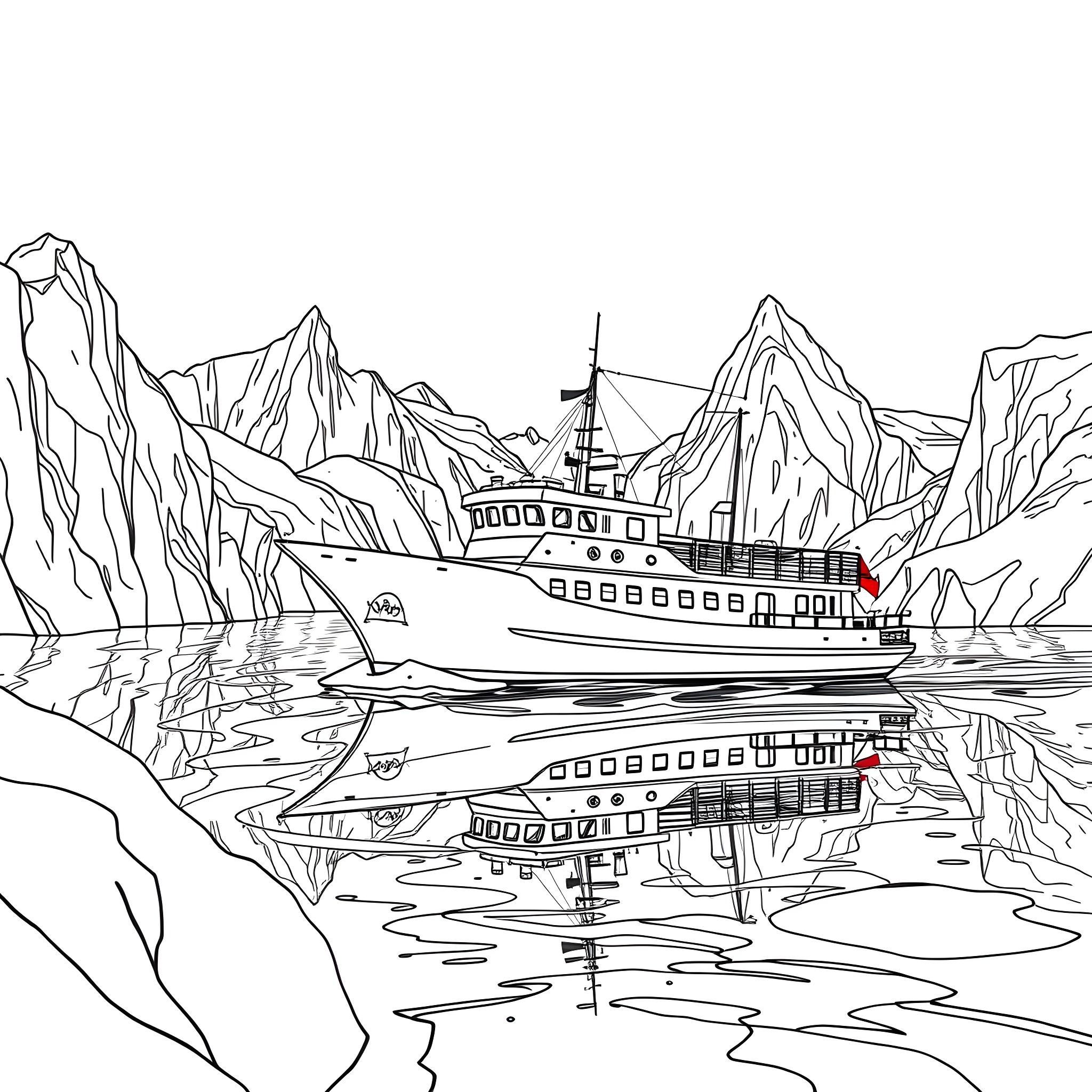 Ship sailing through majestic mountains and fjords Coloring Page (free black-and-white line drawing printable PDF for all, from beginners to advanced learners, including children, teens, adults, and seniors)