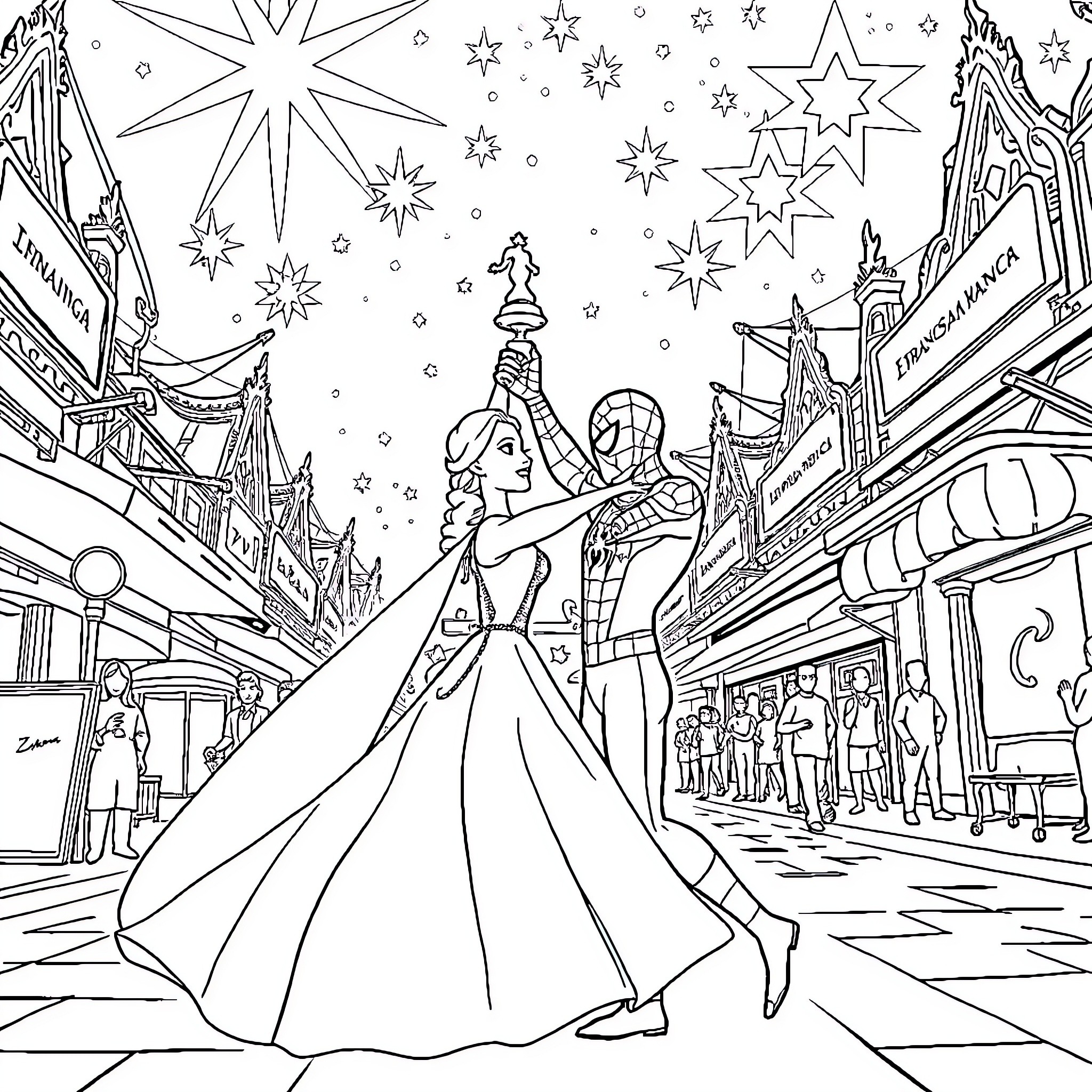 Elsa and Spiderman dancing under the starry night sky Coloring Page (free black-and-white line drawing printable PDF for all, from beginners to advanced learners, including children, teens, adults, and seniors)