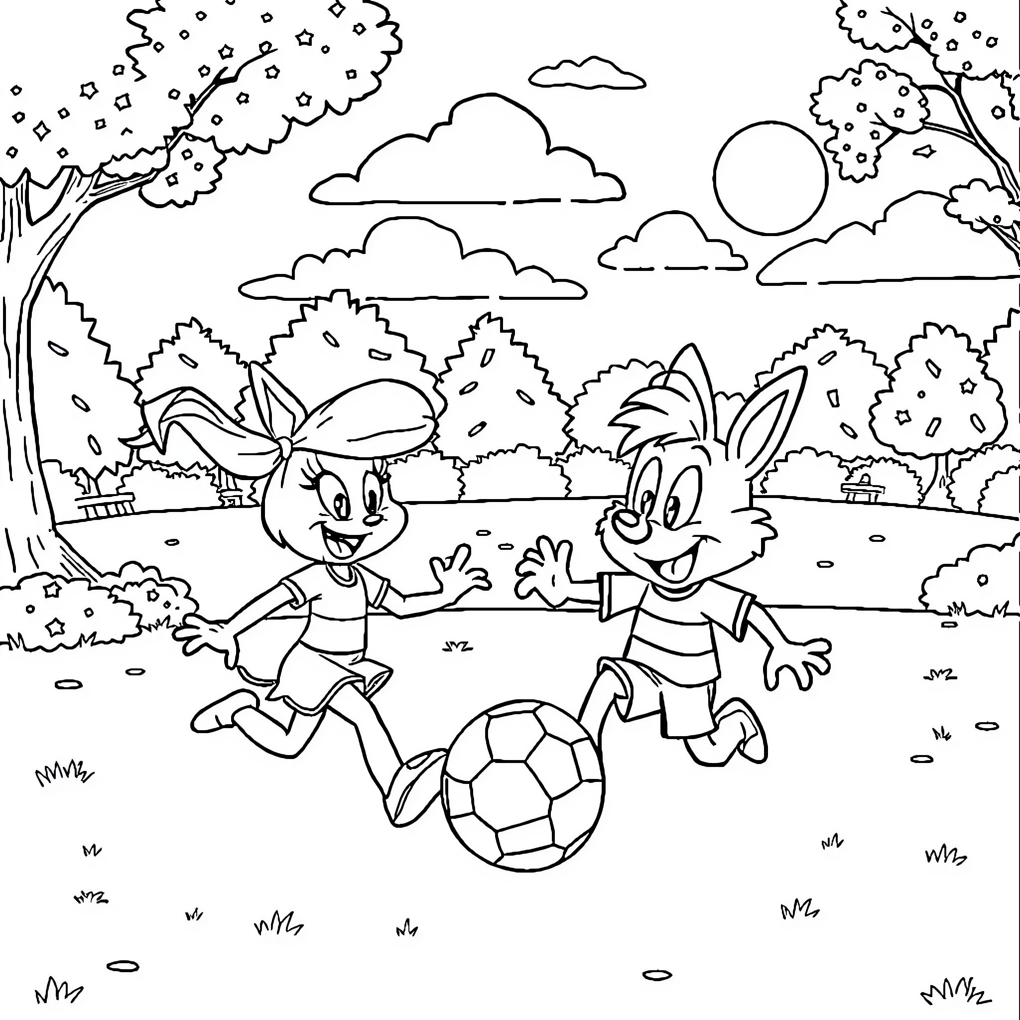 Bluy Bunnies Kicking Soccer Ball in Park Coloring Page (free black-and-white line drawing printable PDF for all, from beginners to advanced learners, including children, teens, adults, and seniors)