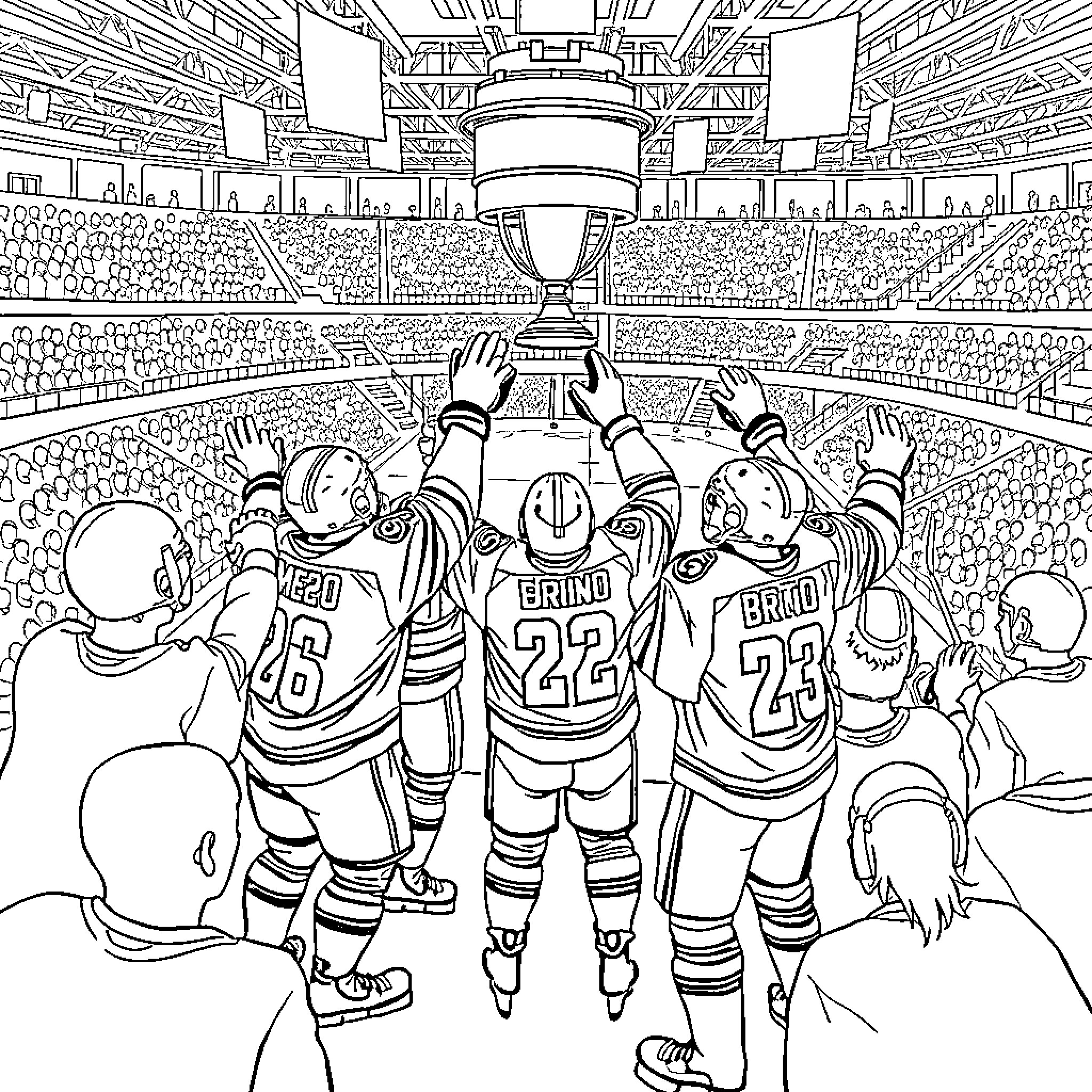 Hockey Players Celebrating Championship Victory Coloring Page (free black-and-white line drawing printable PDF for all, from beginners to advanced learners, including children, teens, adults, and seniors)