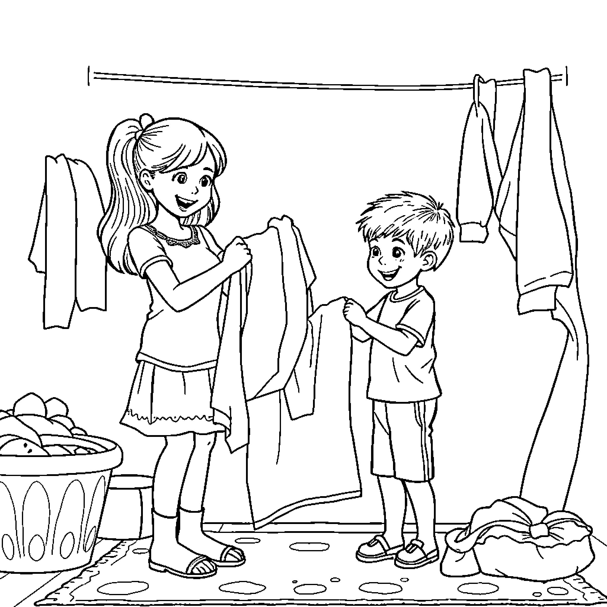 Child helping younger sibling get dressed Coloring Page (free black-and-white line drawing printable PDF for all, from beginners to advanced learners, including children, teens, adults, and seniors)