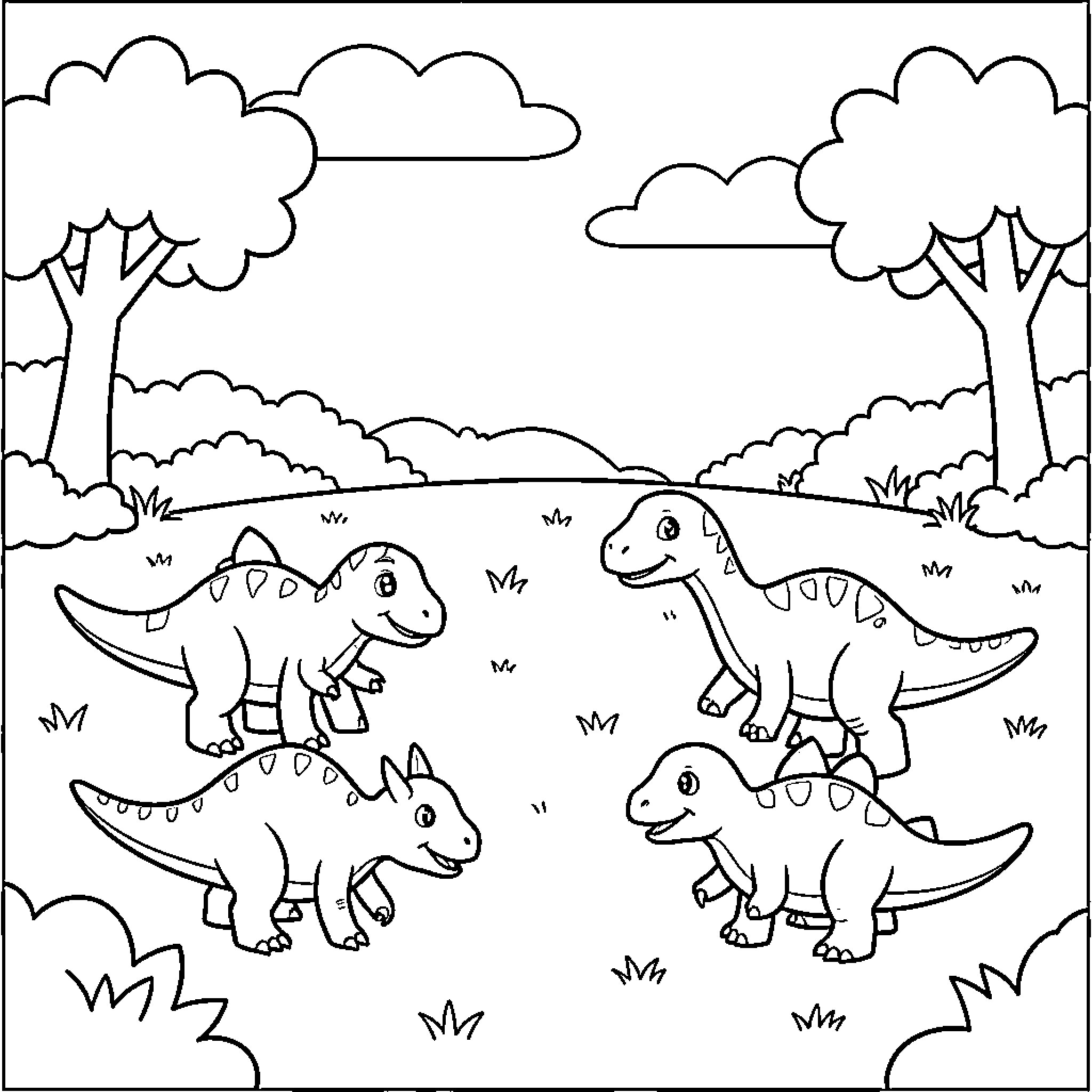 Dinosaur friends playing together in a prehistoric landscape Coloring Page (free black-and-white line drawing printable PDF for all, from beginners to advanced learners, including children, teens, adults, and seniors)