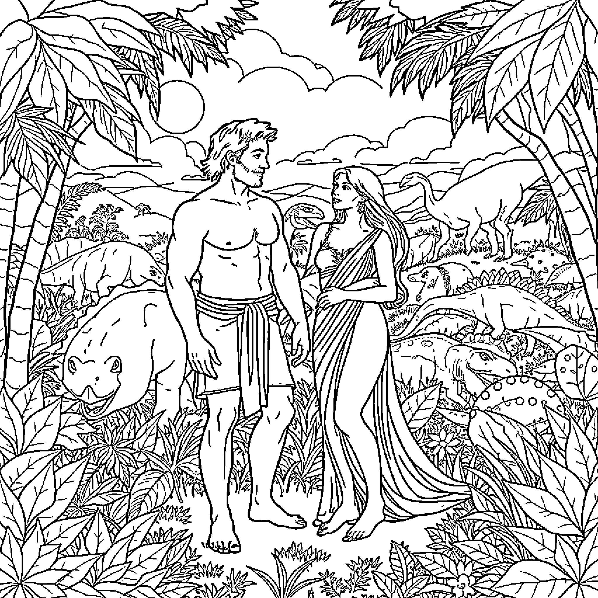 Adam and Eve in the Garden of Eden Coloring Page (free black-and-white line drawing printable PDF for all, from beginners to advanced learners, including children, teens, adults, and seniors)