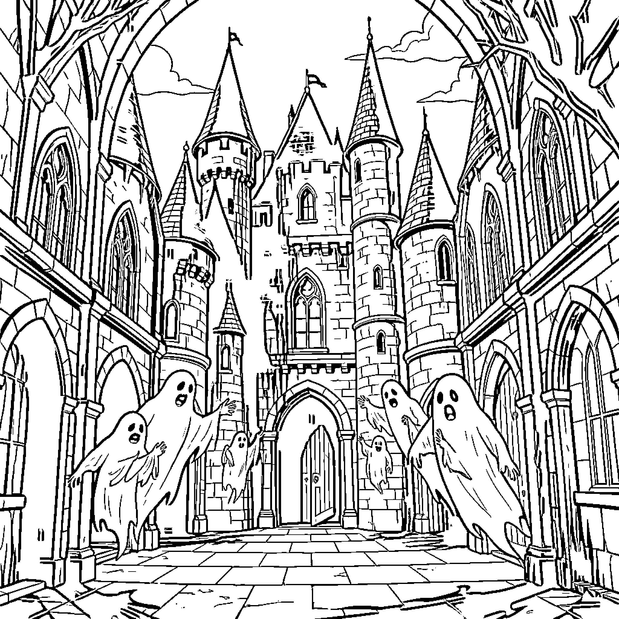 Castle courtyard with playful ghosts floating around Coloring Page (free black-and-white line drawing printable PDF for all, from beginners to advanced learners, including children, teens, adults, and seniors)