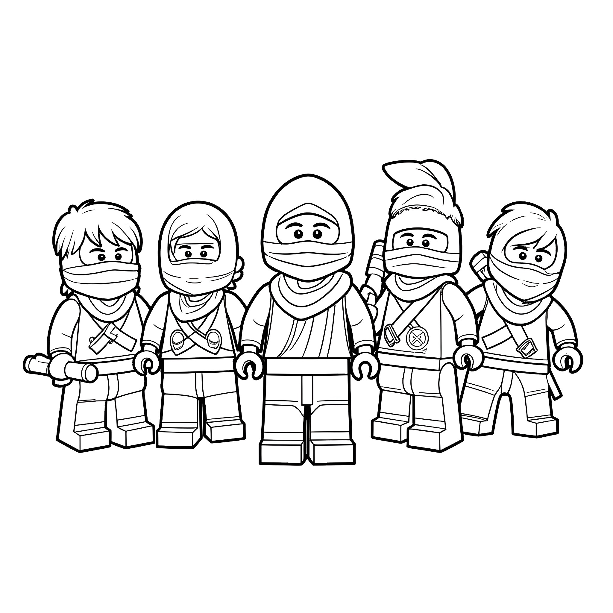 Ninjago team in action poses with ninja outfits Coloring Page (free black-and-white line drawing printable PDF for all, from beginners to advanced learners, including children, teens, adults, and seniors)