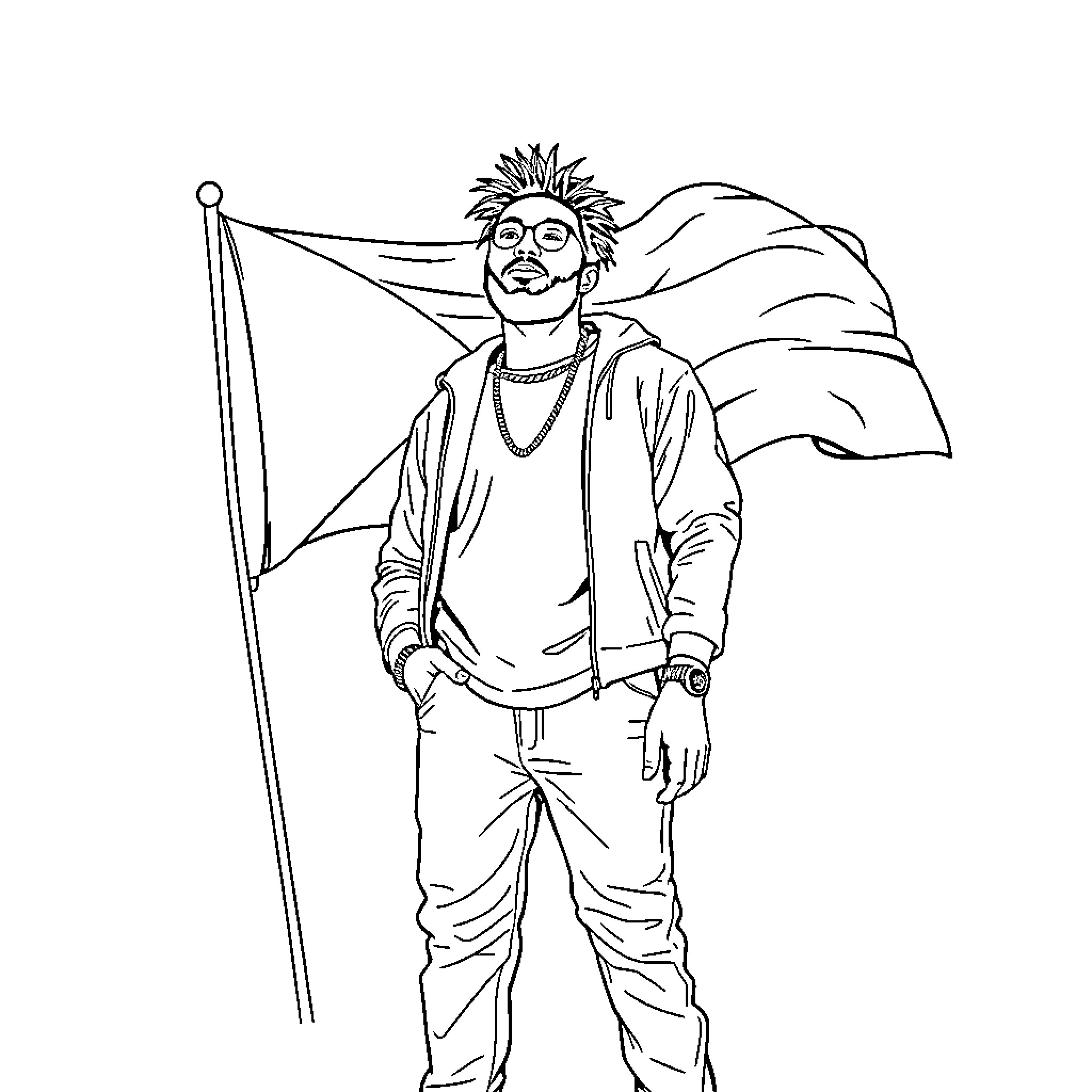 Juice WRLD standing proudly with flag Coloring Page (free black-and-white line drawing printable PDF for all, from beginners to advanced learners, including children, teens, adults, and seniors)
