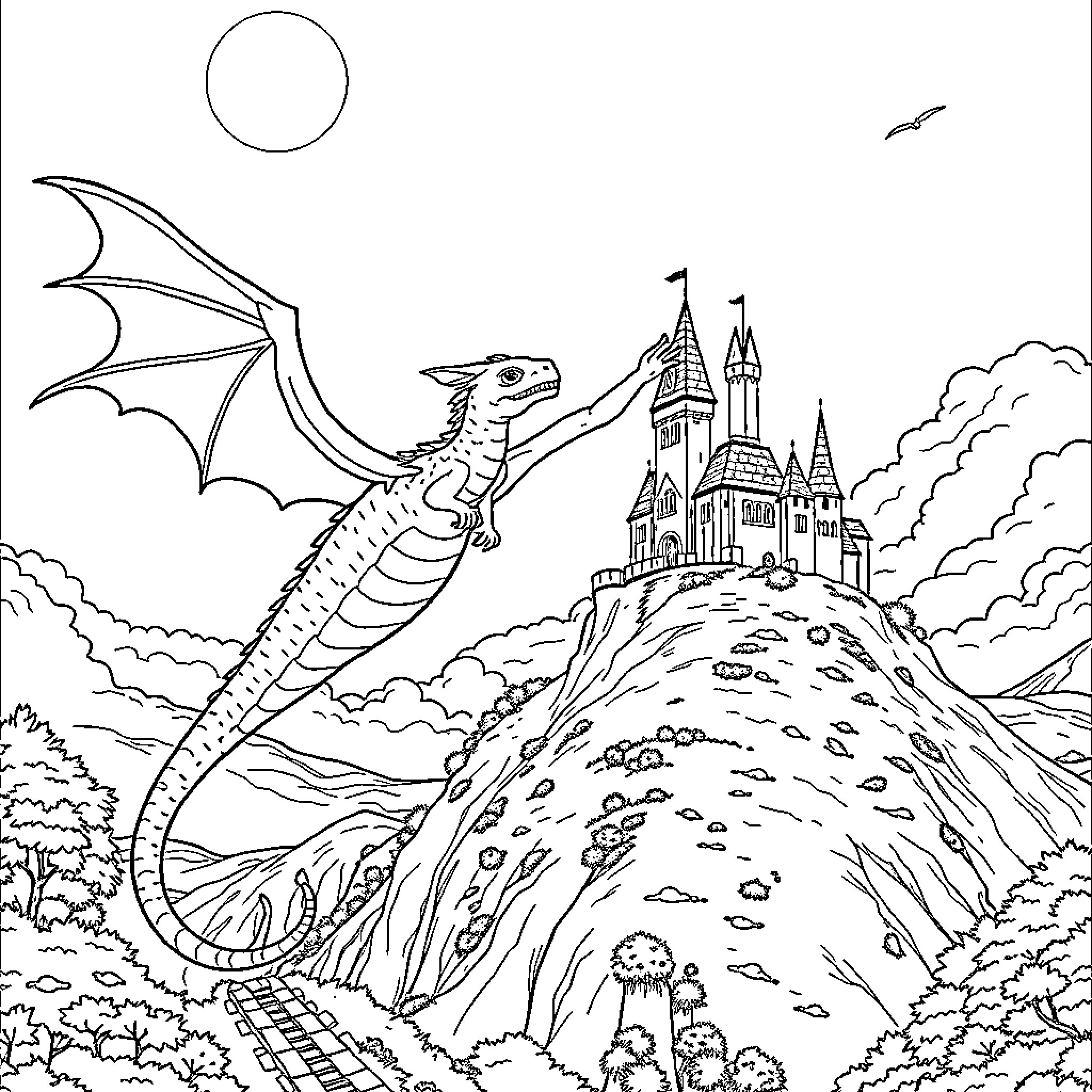 Dragon soaring over majestic castle in fantasy landscape Coloring Page (free black-and-white line drawing printable PDF for all, from beginners to advanced learners, including children, teens, adults, and seniors)