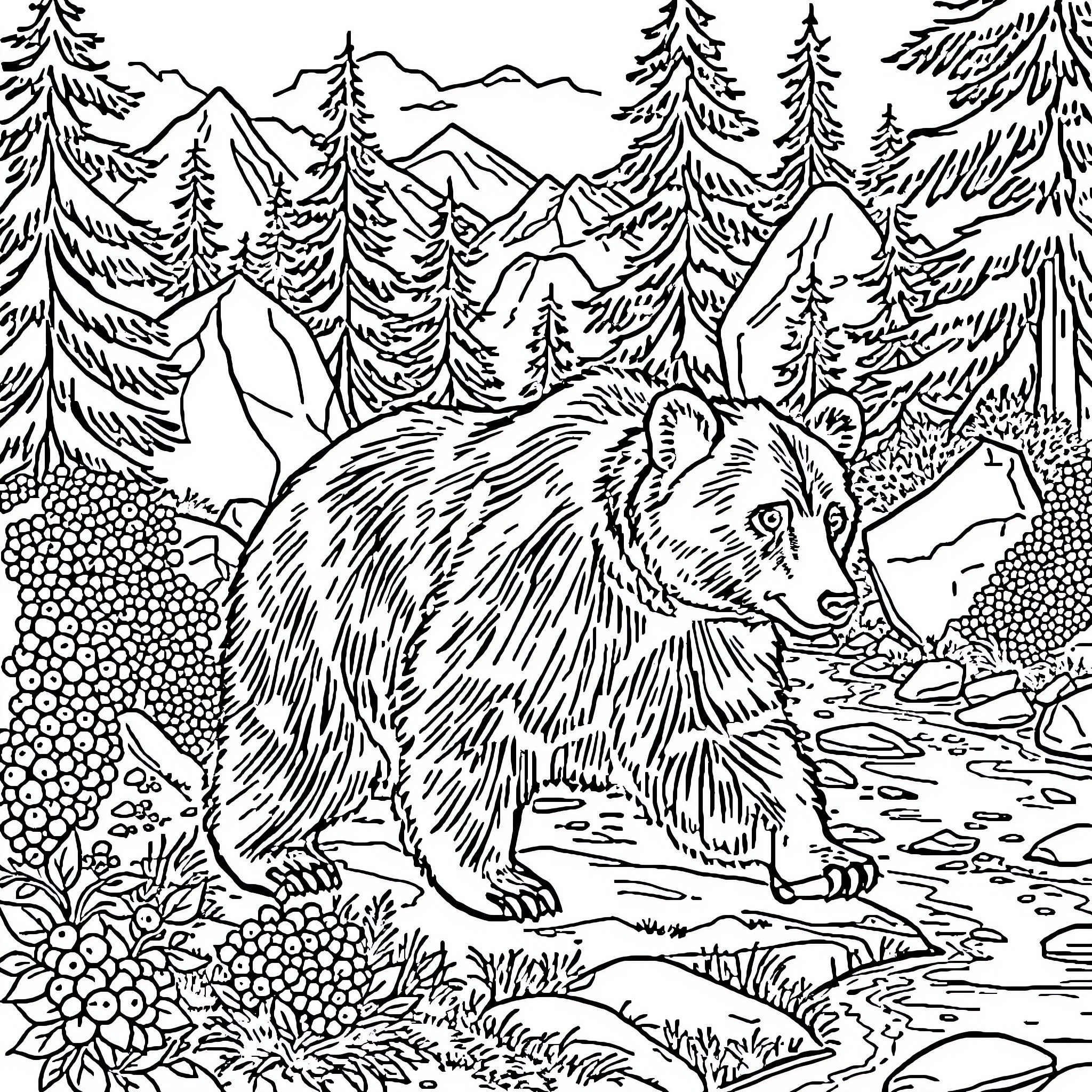 Bear wandering through a snowy forest landscape Coloring Page (free black-and-white line drawing printable PDF for all, from beginners to advanced learners, including children, teens, adults, and seniors)
