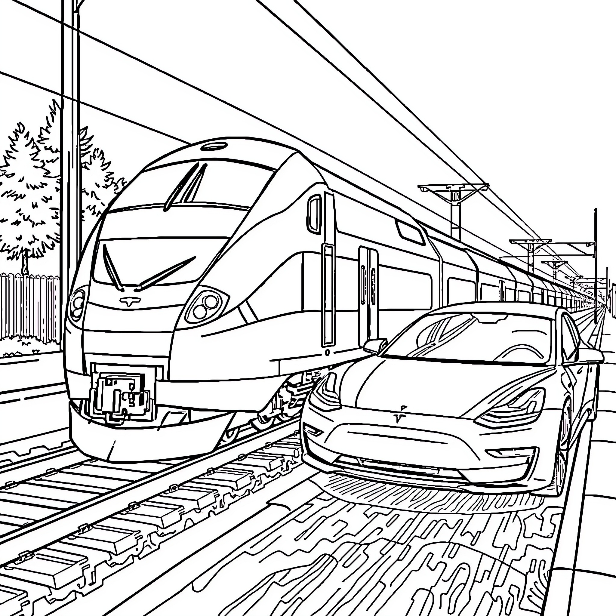 Train passing by modern vehicle on railway track Coloring Page (free black-and-white line drawing printable PDF for all, from beginners to advanced learners, including children, teens, adults, and seniors)