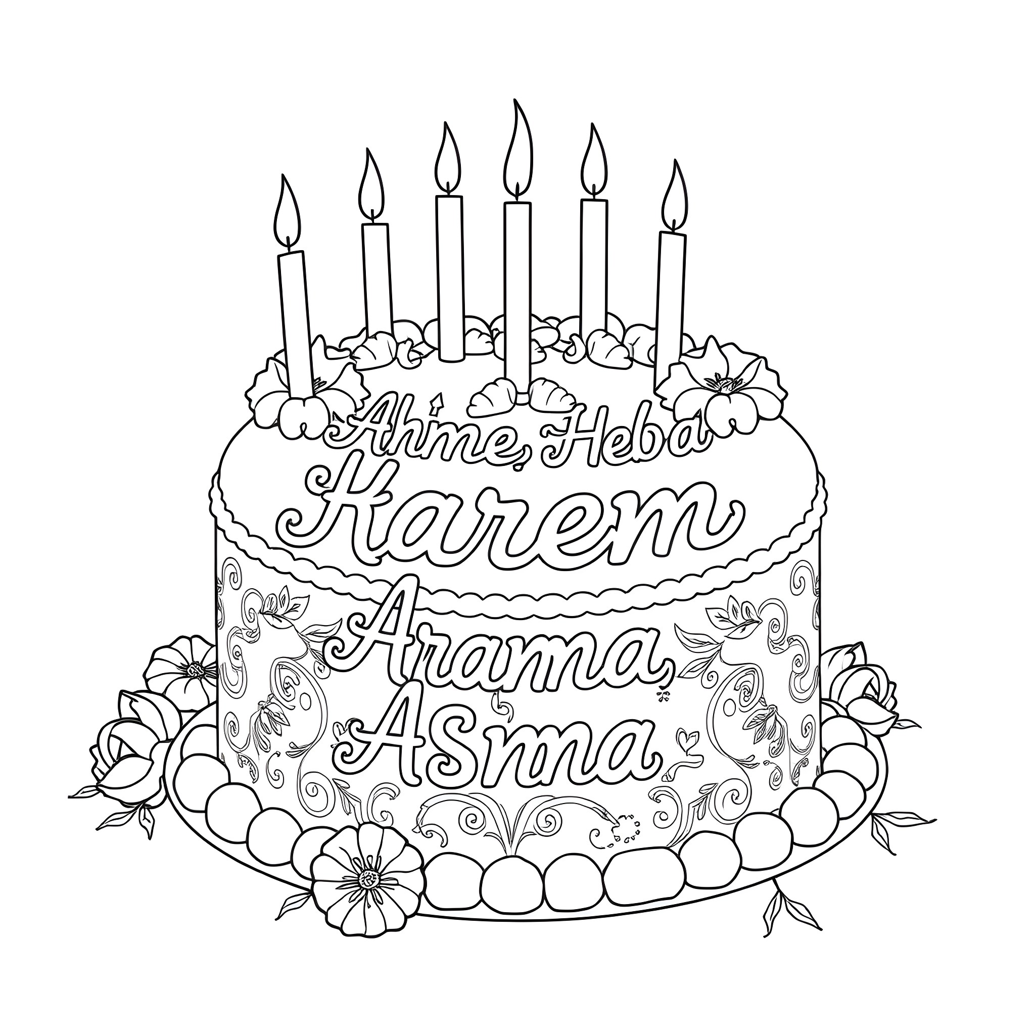 Cake with Personalized Birthday Wishes Coloring Page (free black-and-white line drawing printable PDF for all, from beginners to advanced learners, including children, teens, adults, and seniors)