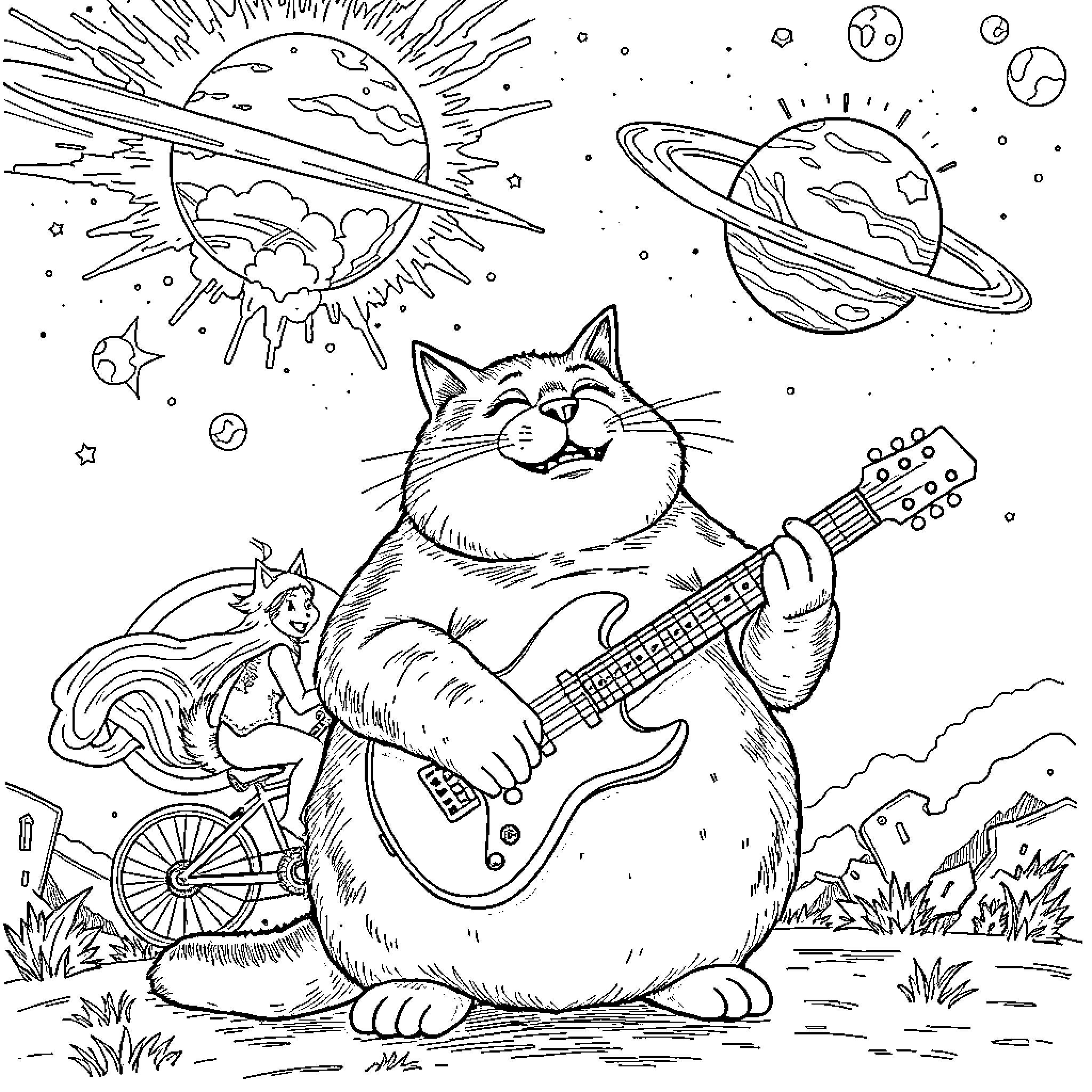 Cat Playing Guitar in Outer Space Coloring Page (free black-and-white line drawing printable PDF for all, from beginners to advanced learners, including children, teens, adults, and seniors)