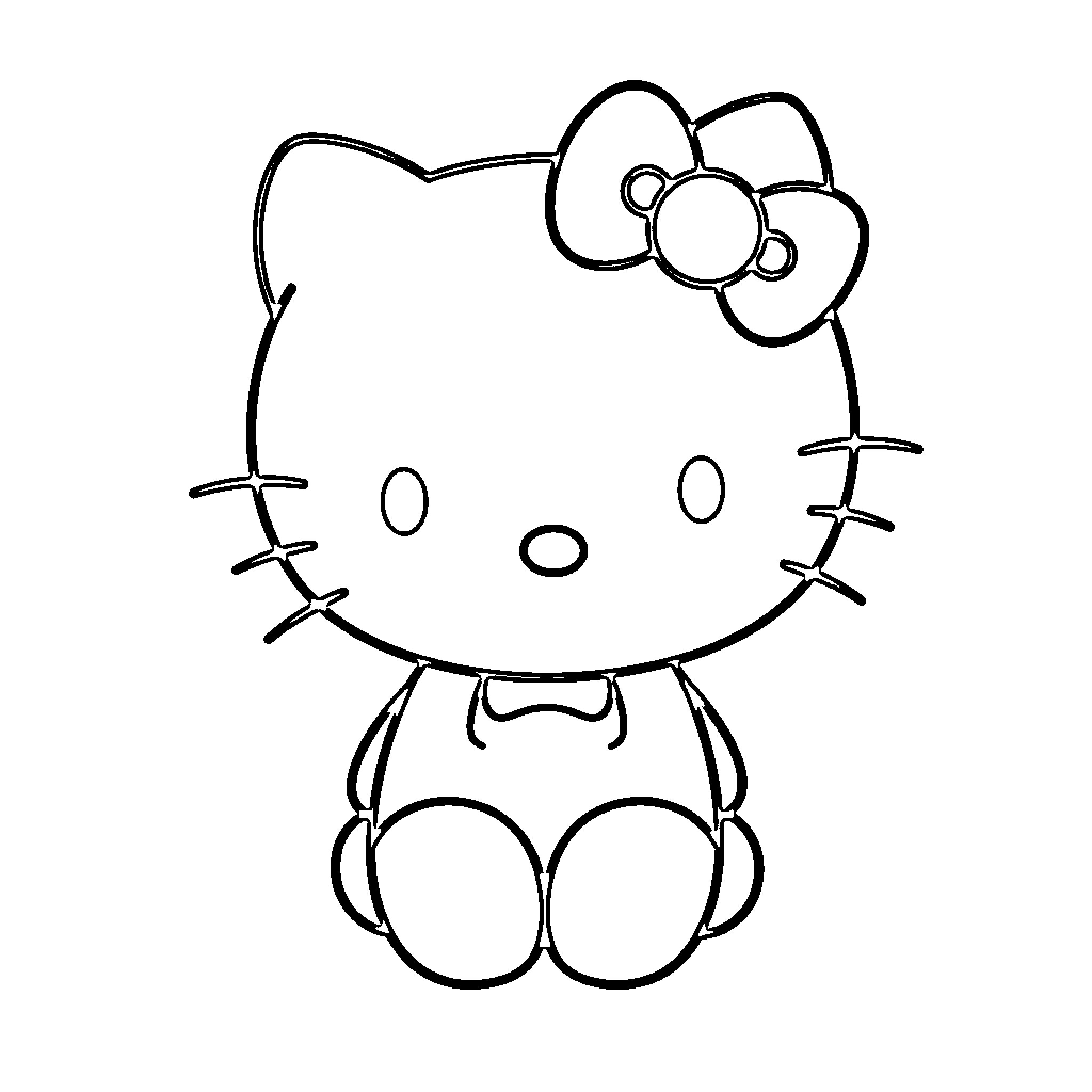Hello Kitty sitting and smiling Coloring Page (free black-and-white line drawing printable PDF for all, from beginners to advanced learners, including children, teens, adults, and seniors)