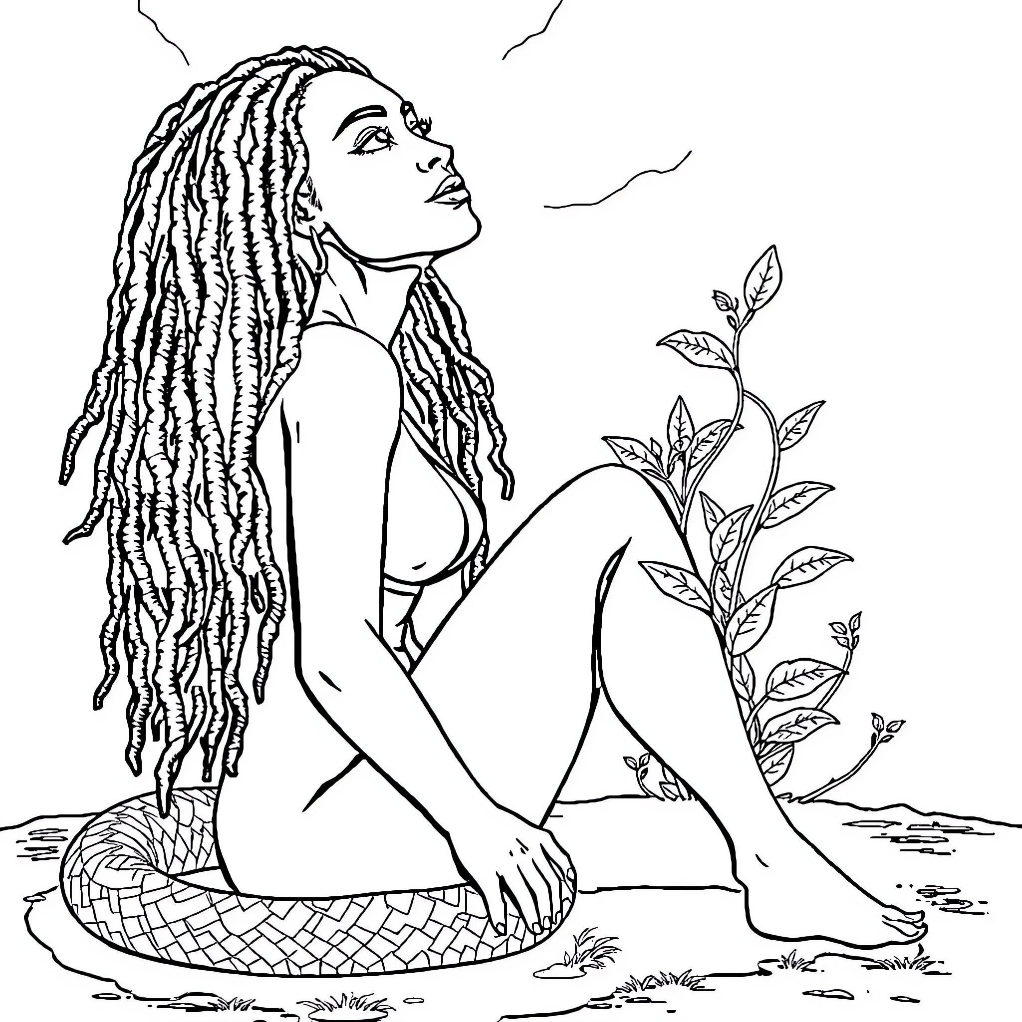 Femme Embracing Nature's Beauty Coloring Page (free black-and-white line drawing printable PDF for all, from beginners to advanced learners, including children, teens, adults, and seniors)