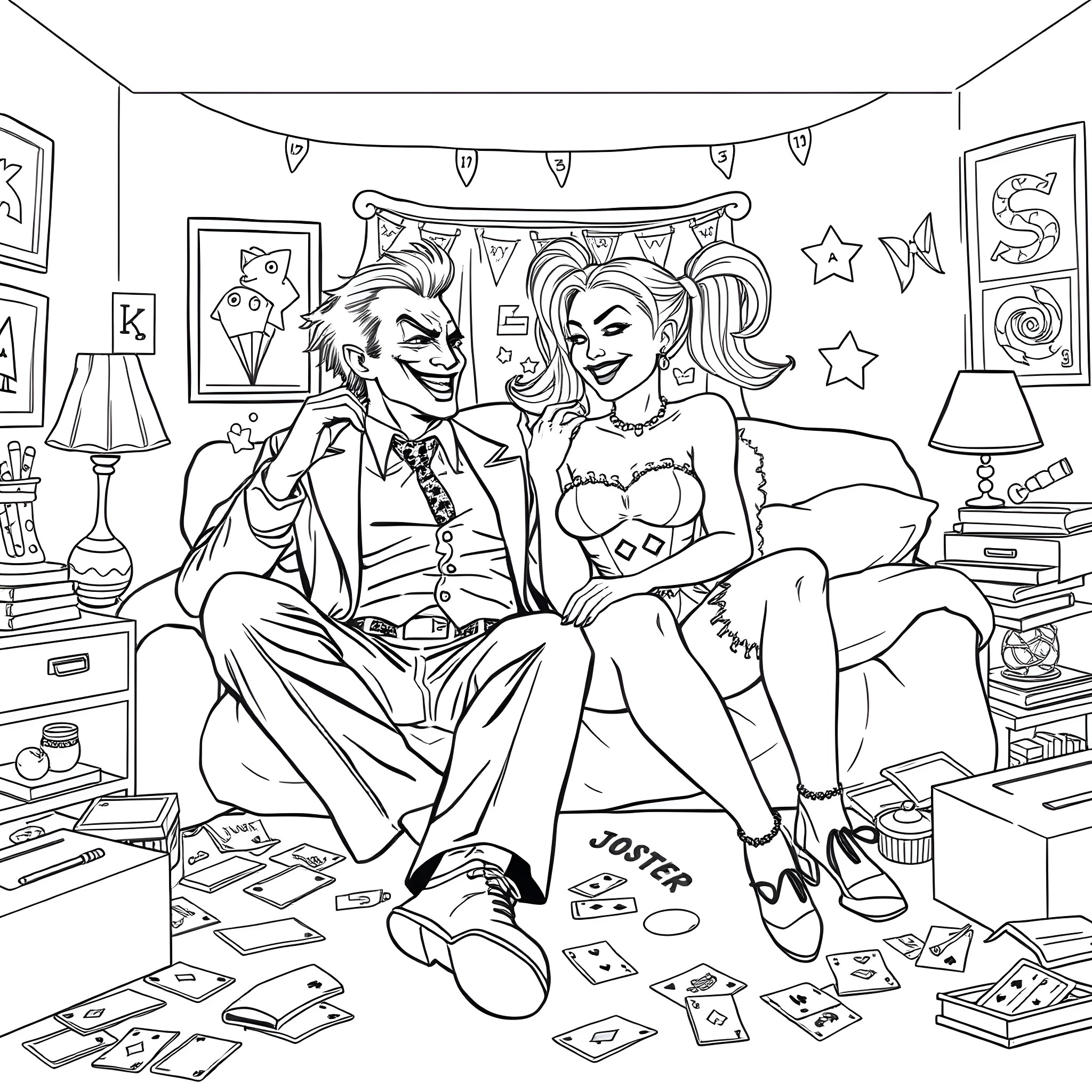 Joker and Harley Quinn relaxing and enjoying themselves Coloring Page (free black-and-white line drawing printable PDF for all, from beginners to advanced learners, including children, teens, adults, and seniors)