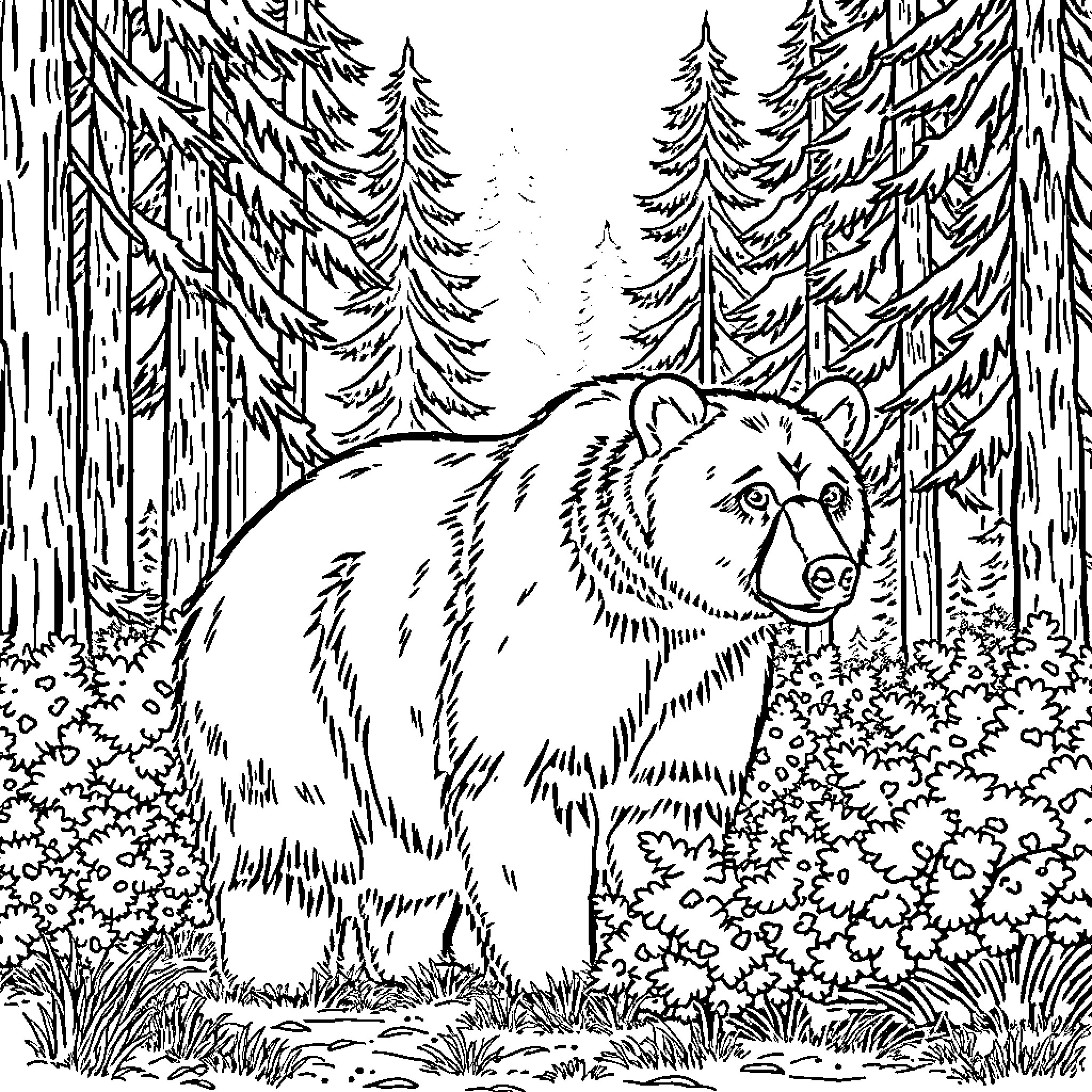 Bear exploring the serene forest Coloring Page (free black-and-white line drawing printable PDF for all, from beginners to advanced learners, including children, teens, adults, and seniors)