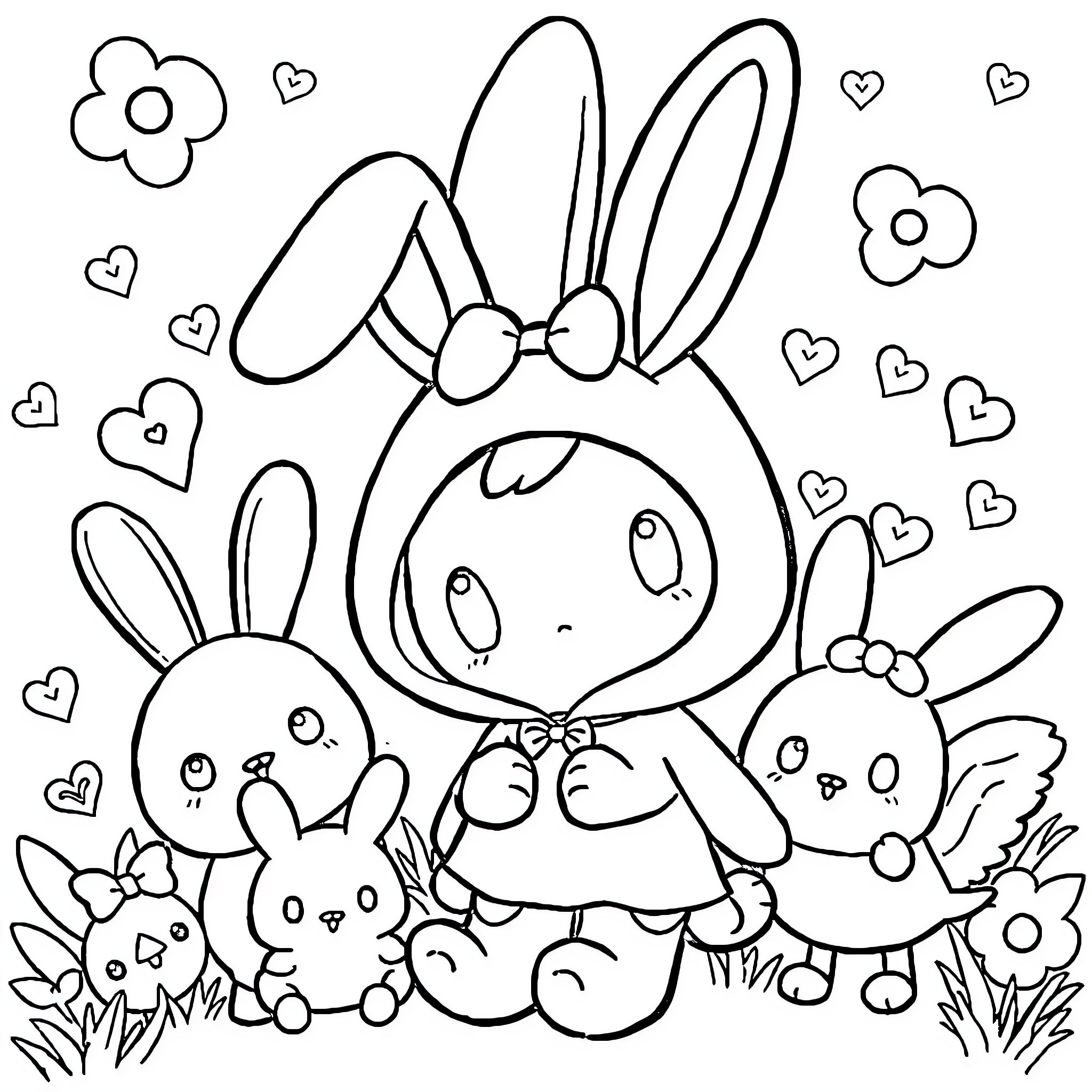 My Melody and Cute Bunnies Playing Together Coloring Page (free black-and-white line drawing printable PDF for all, from beginners to advanced learners, including children, teens, adults, and seniors)