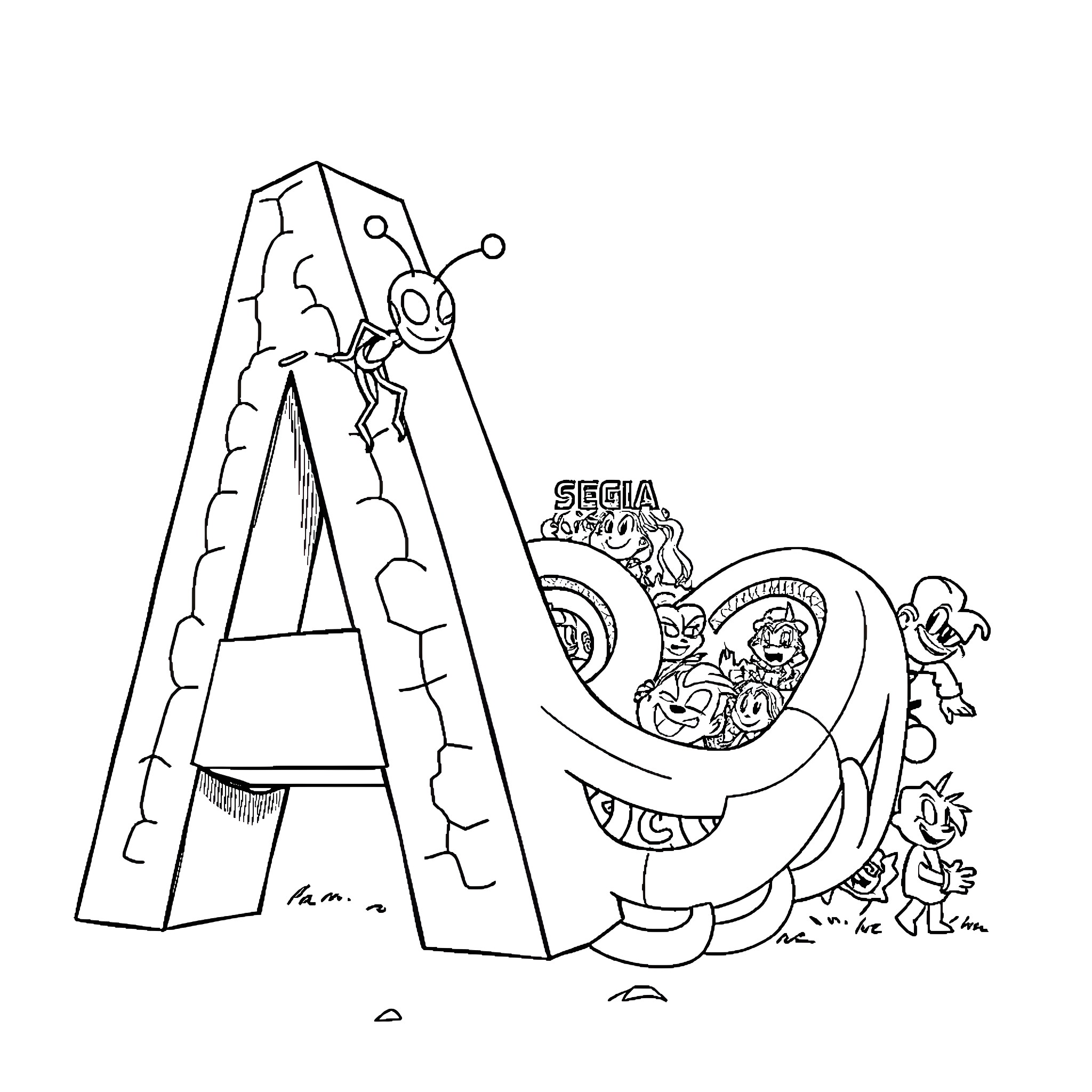 Atom Ant exploring a giant letter A structure Coloring Page (free black-and-white line drawing printable PDF for all, from beginners to advanced learners, including children, teens, adults, and seniors)