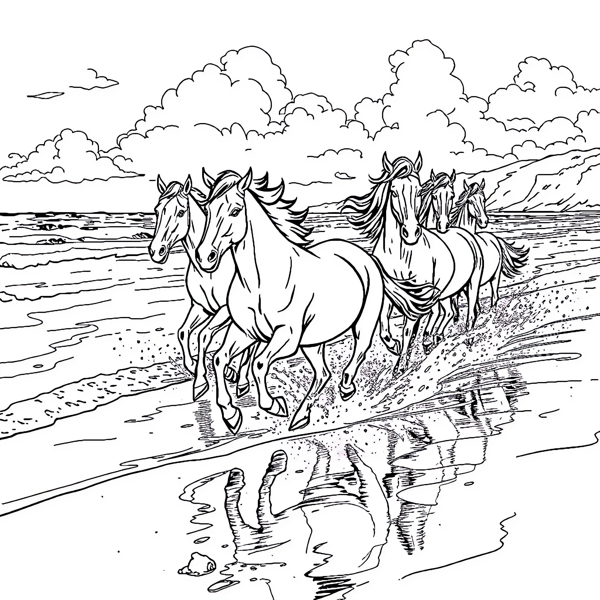 Horse herd running on the beach Coloring Page (free black-and-white line drawing printable PDF for all, from beginners to advanced learners, including children, teens, adults, and seniors)