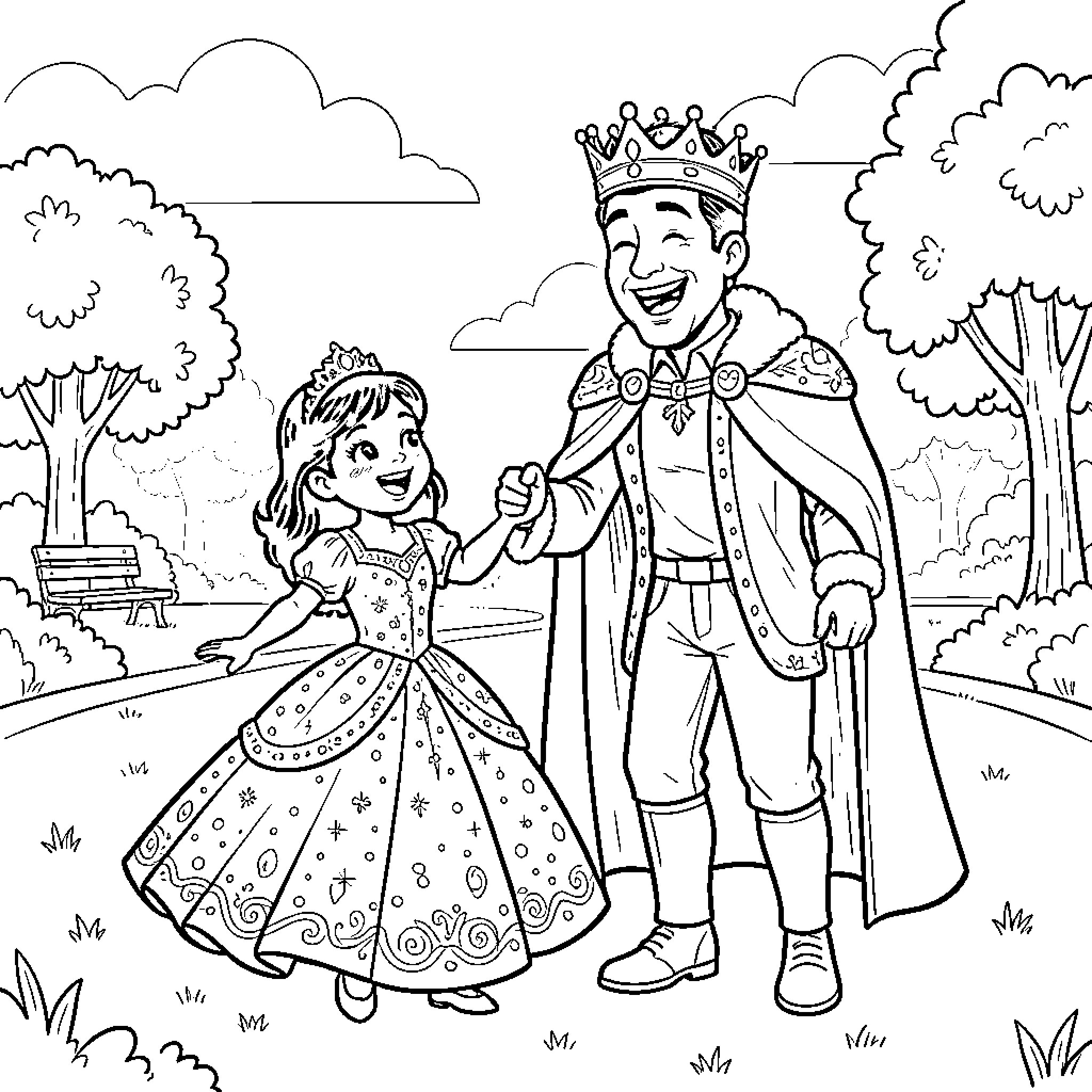 Olivia and the Royal Couple in the Park Coloring Page (free black-and-white line drawing printable PDF for all, from beginners to advanced learners, including children, teens, adults, and seniors)