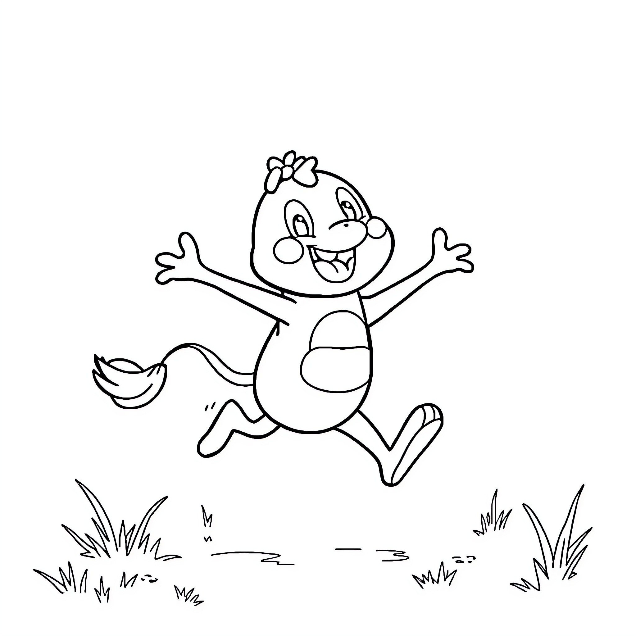 Labubu happily jumping in the meadow Coloring Page (free black-and-white line drawing printable PDF for all, from beginners to advanced learners, including children, teens, adults, and seniors)