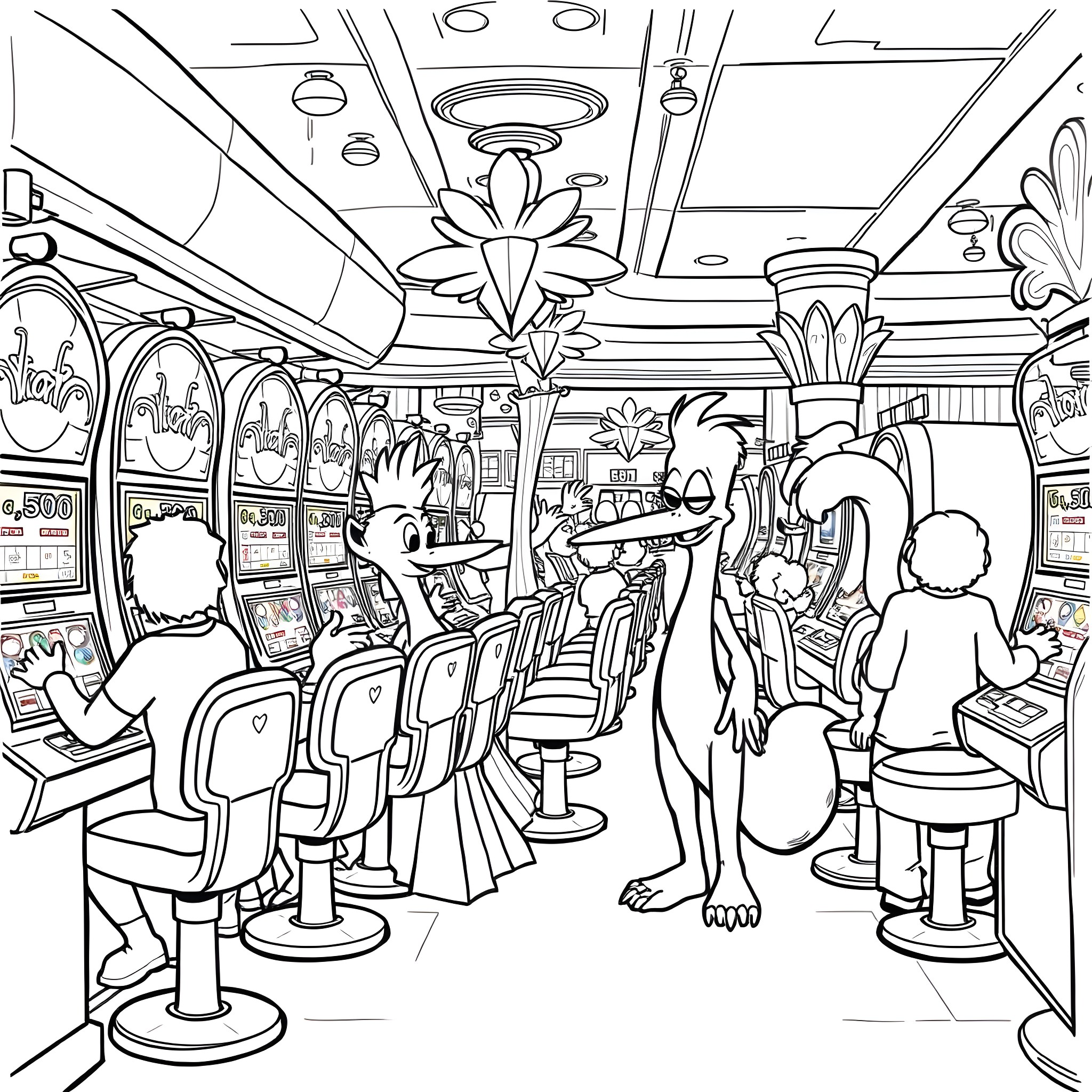 Griffin's Quirky Casino Adventure Coloring Page (free black-and-white line drawing printable PDF for all, from beginners to advanced learners, including children, teens, adults, and seniors)