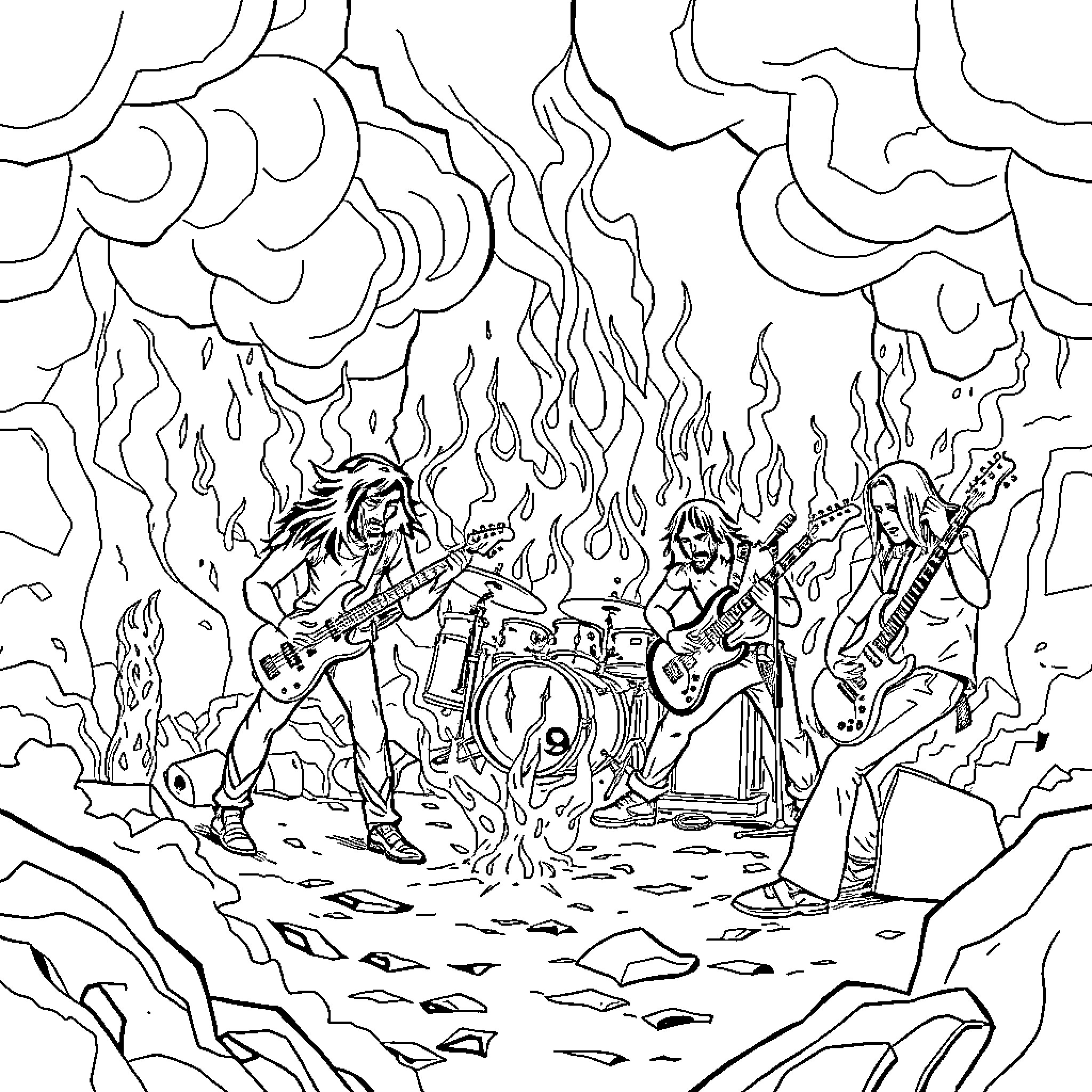 Rock Band Performing Fiery Rock Show Coloring Page (free black-and-white line drawing printable PDF for all, from beginners to advanced learners, including children, teens, adults, and seniors)