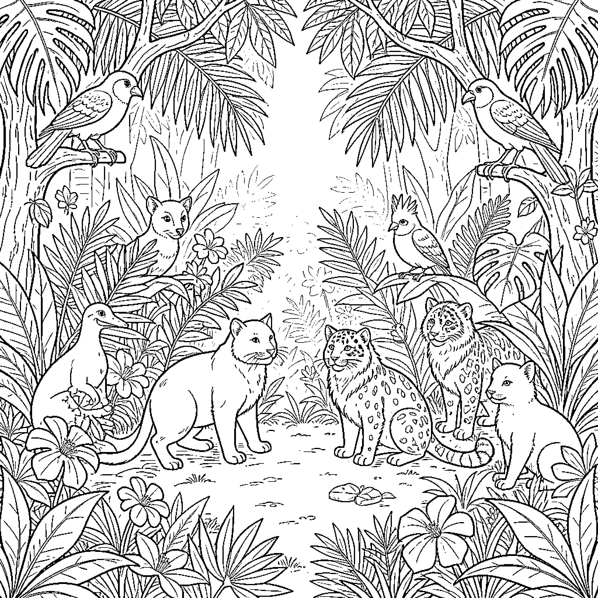 Animal Friends in the Tropical Jungle Coloring Page (free black-and-white line drawing printable PDF for all, from beginners to advanced learners, including children, teens, adults, and seniors)