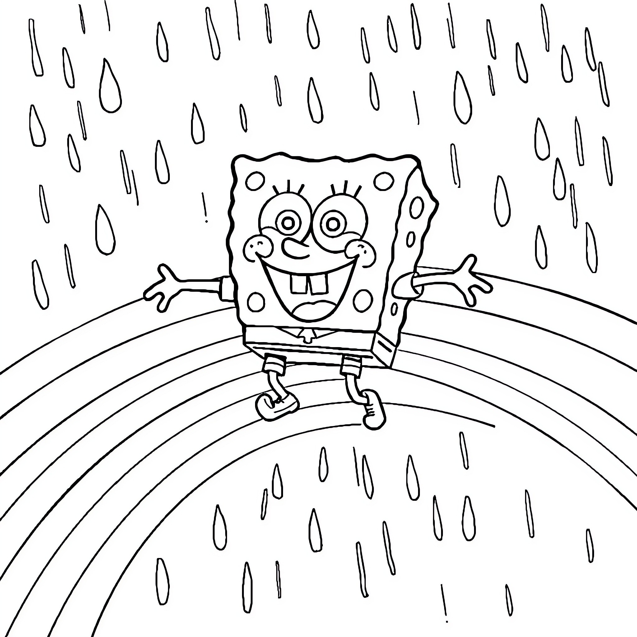 Spongebob happily jumping on a rainbow Coloring Page (free black-and-white line drawing printable PDF for all, from beginners to advanced learners, including children, teens, adults, and seniors)
