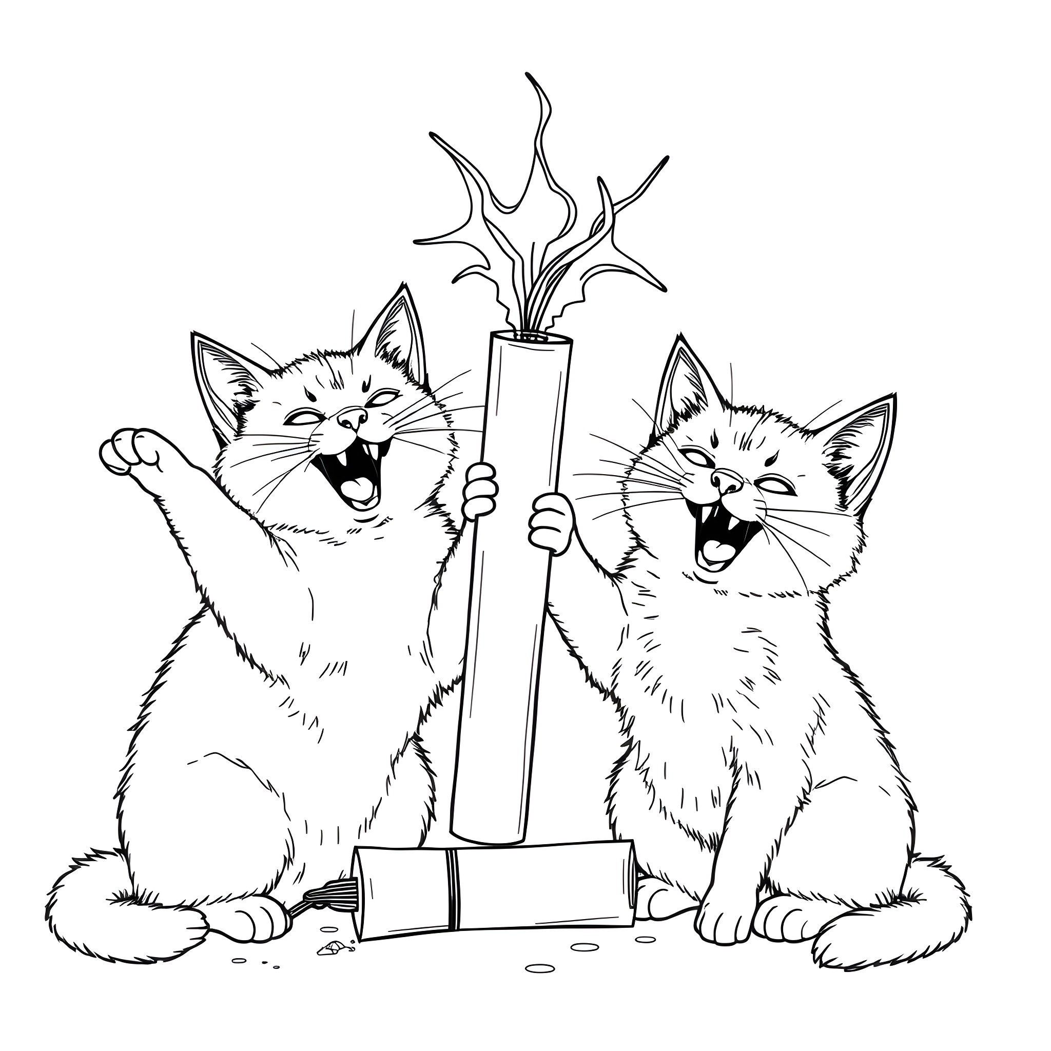Cat Kittens Playing with Sparklers Coloring Page (free black-and-white line drawing printable PDF for all, from beginners to advanced learners, including children, teens, adults, and seniors)