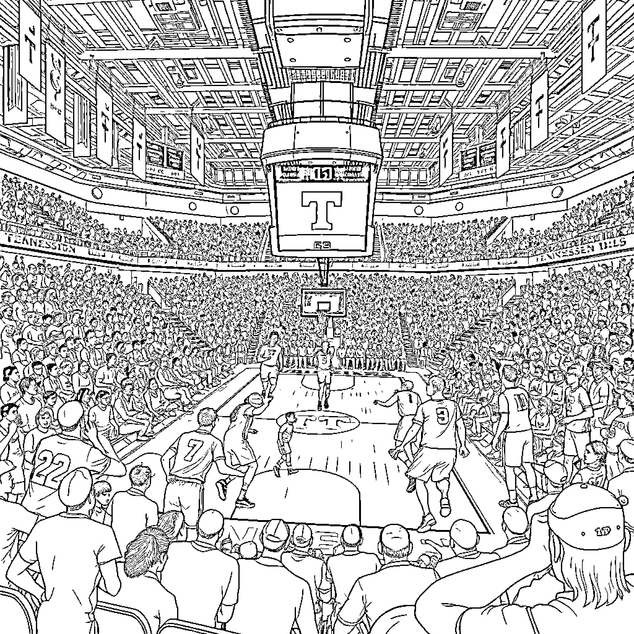 University of Tennessee Packed Basketball Arena Coloring Page (free black-and-white line drawing printable PDF for all, from beginners to advanced learners, including children, teens, adults, and seniors)