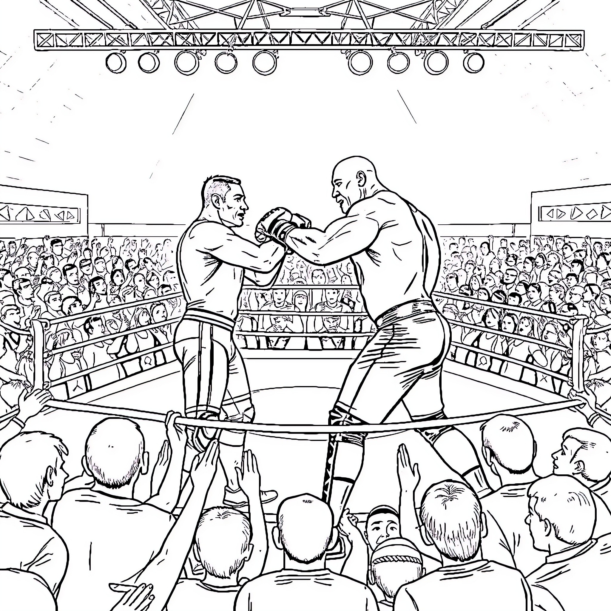 Lamine Yamal boxing match in the ring Coloring Page (free black-and-white line drawing printable PDF for all, from beginners to advanced learners, including children, teens, adults, and seniors)