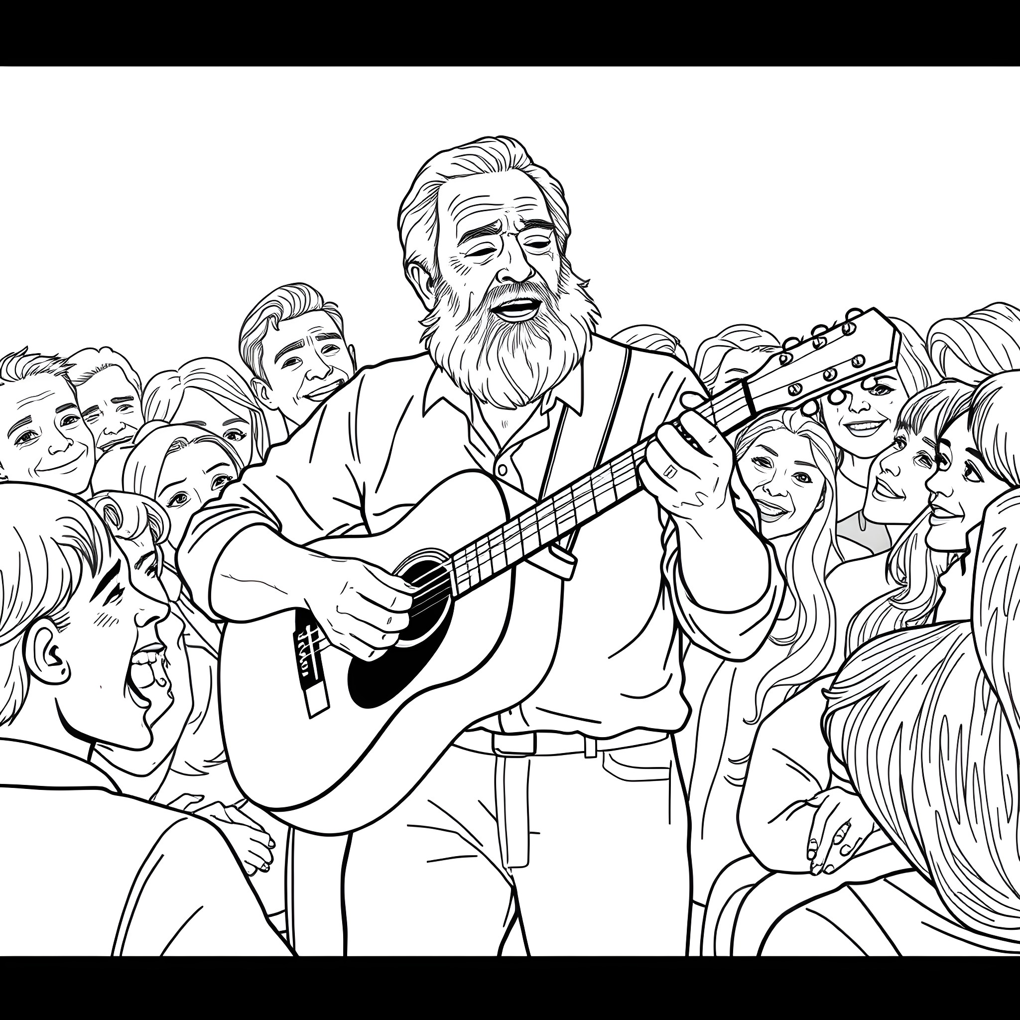 Man playing guitar for enthusiastic crowd Coloring Page (free black-and-white line drawing printable PDF for all, from beginners to advanced learners, including children, teens, adults, and seniors)