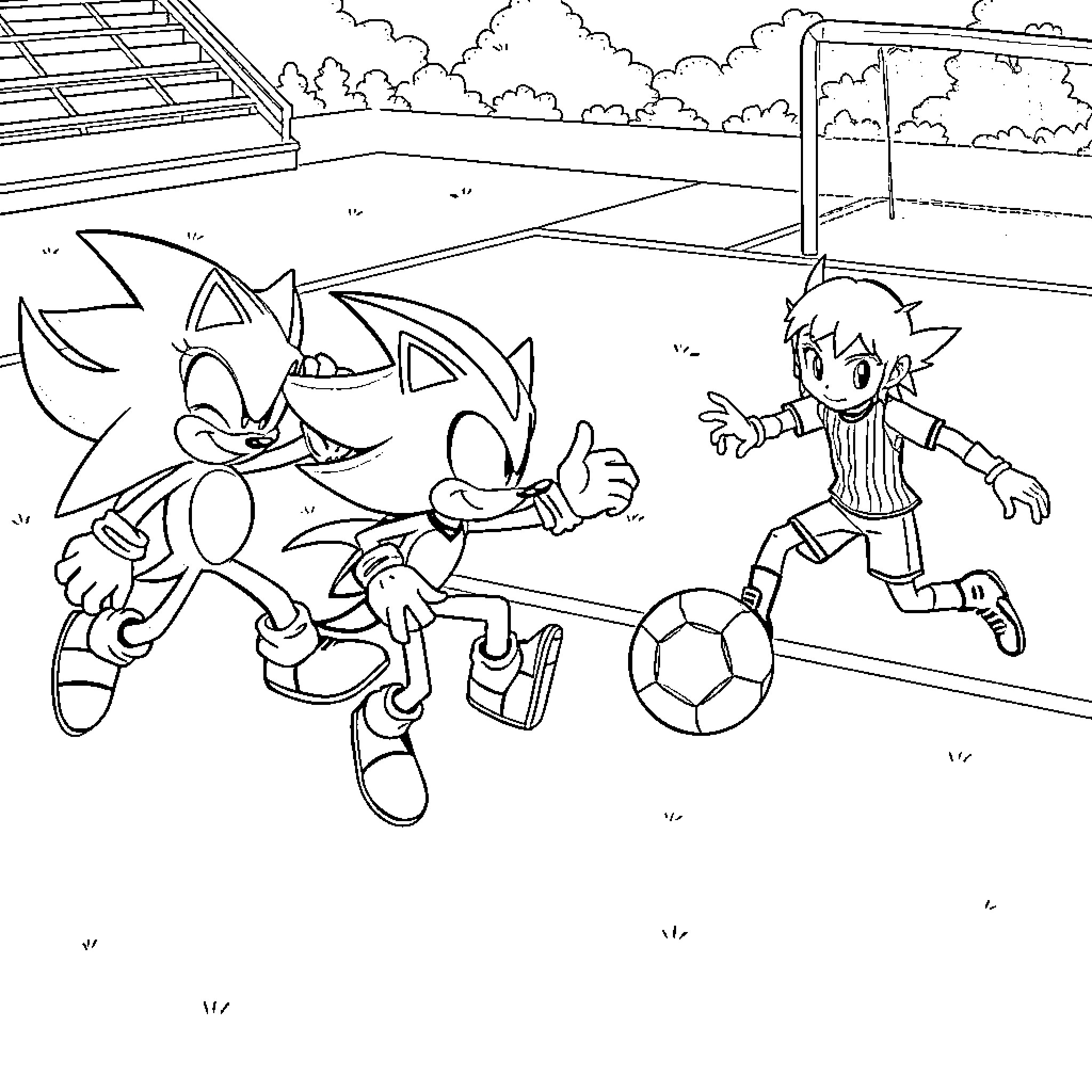 Sonic and friends playing soccer on the field Coloring Page (free black-and-white line drawing printable PDF for all, from beginners to advanced learners, including children, teens, adults, and seniors)