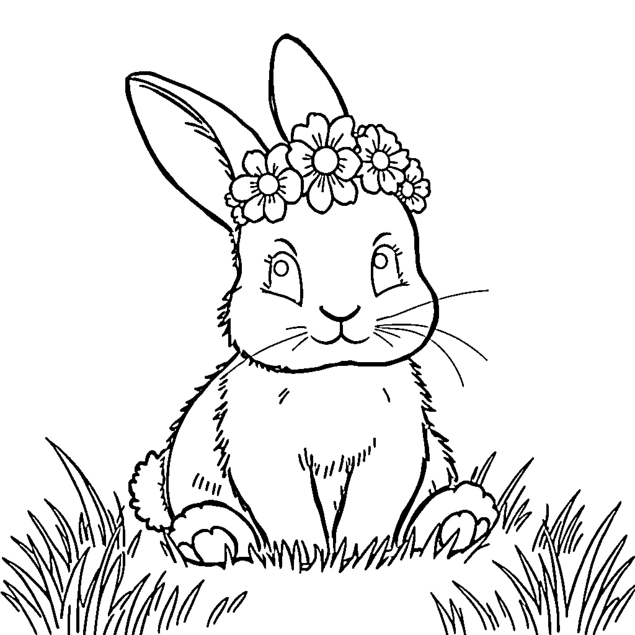Rabbit adorned with a floral crown in a grassy field Coloring Page (free black-and-white line drawing printable PDF for all, from beginners to advanced learners, including children, teens, adults, and seniors)