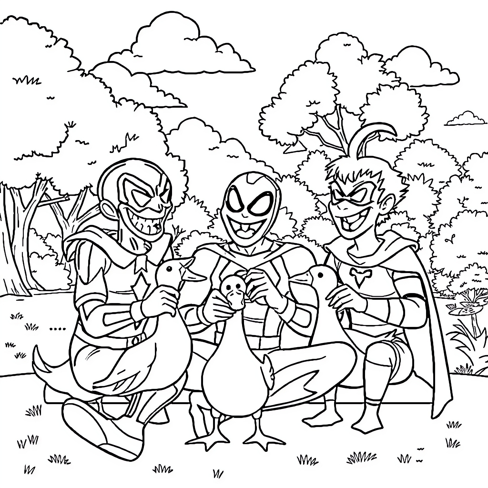 Spooderman and Villains Engage in Mischievous Adventure Coloring Page (free black-and-white line drawing printable PDF for all, from beginners to advanced learners, including children, teens, adults, and seniors)
